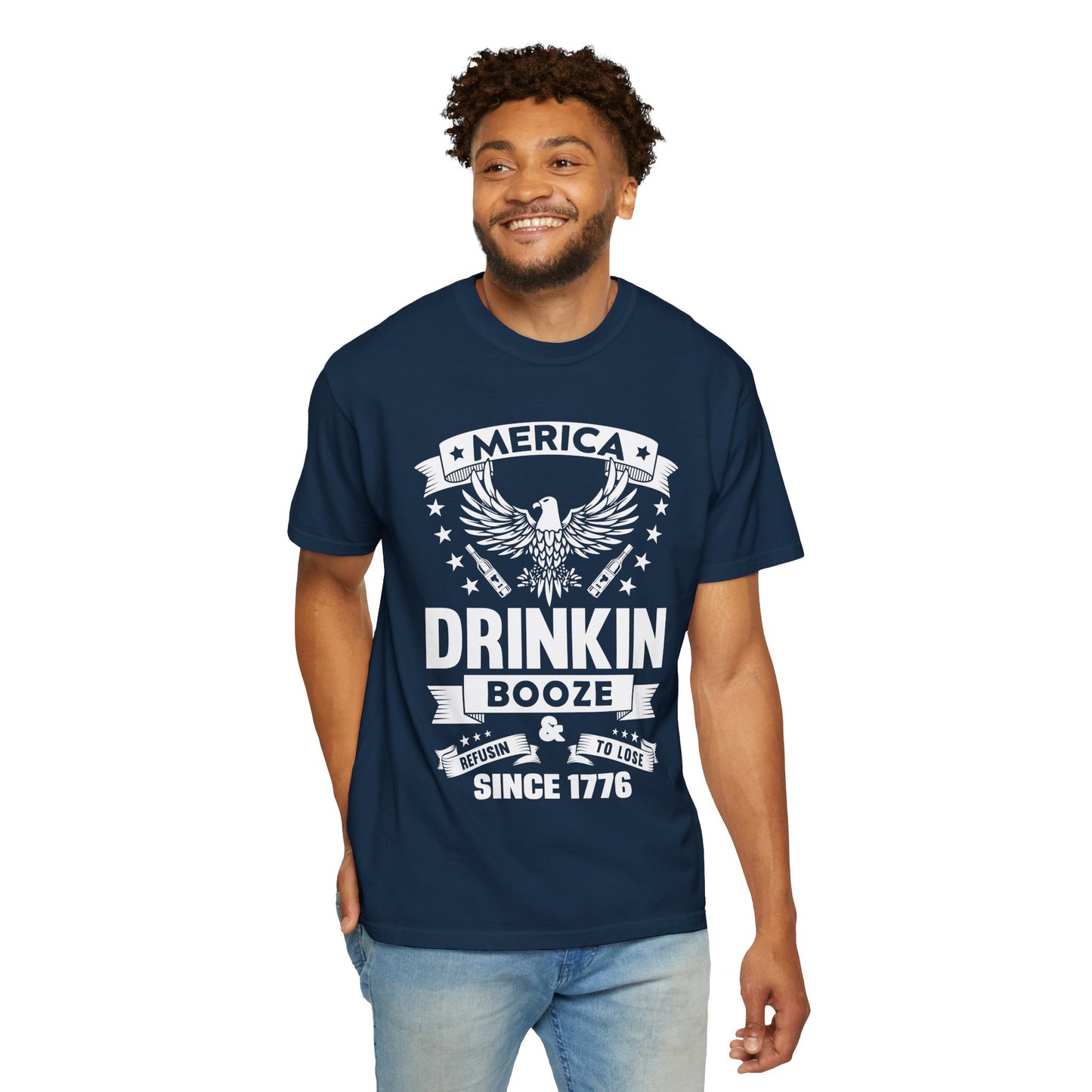 Patriotic Graphic Tee, Unisex Vintage T-shirt, Amerca Drinking Booze Shirt, Independence Day Gift, Casual Wear, Freedom Fashion - 13788