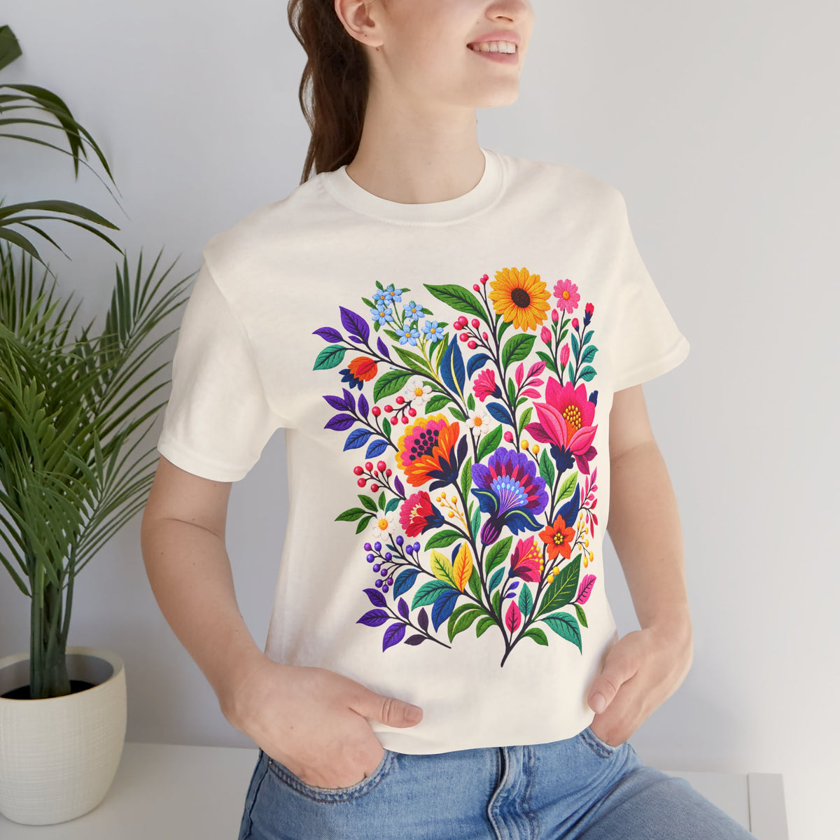 Bright Folk Art Floral T-Shirt, Colorful Flower Bouquet Tee - 14513