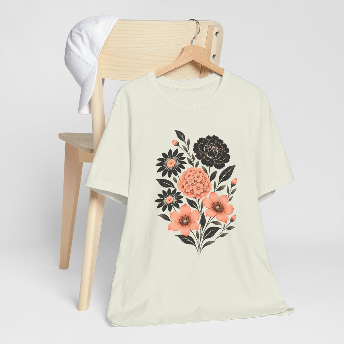Floral Bouquet T-Shirt, Peach & Black Garden Flower Tee - 14502