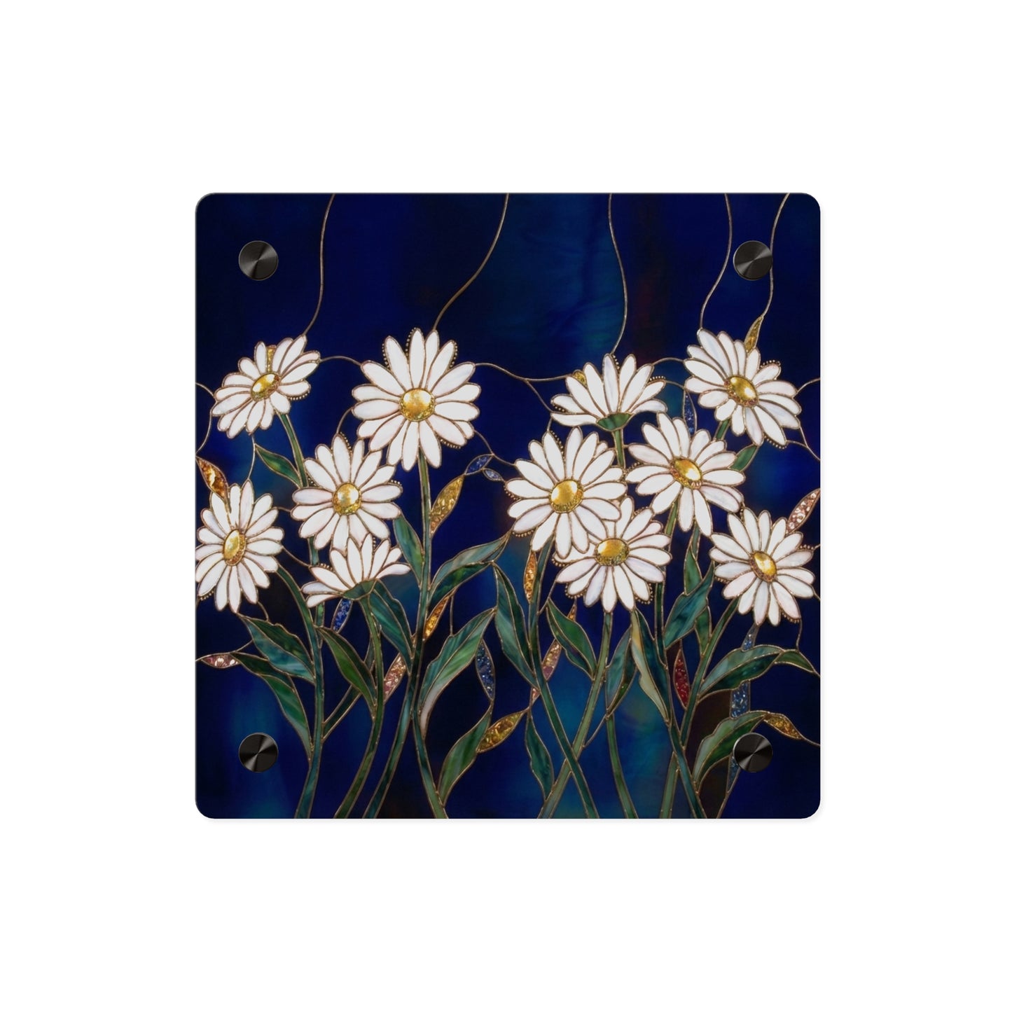 Daisy Stained-Glass Acrylic Wall Art Panel — White Daisies on Deep Blue Background - 14602