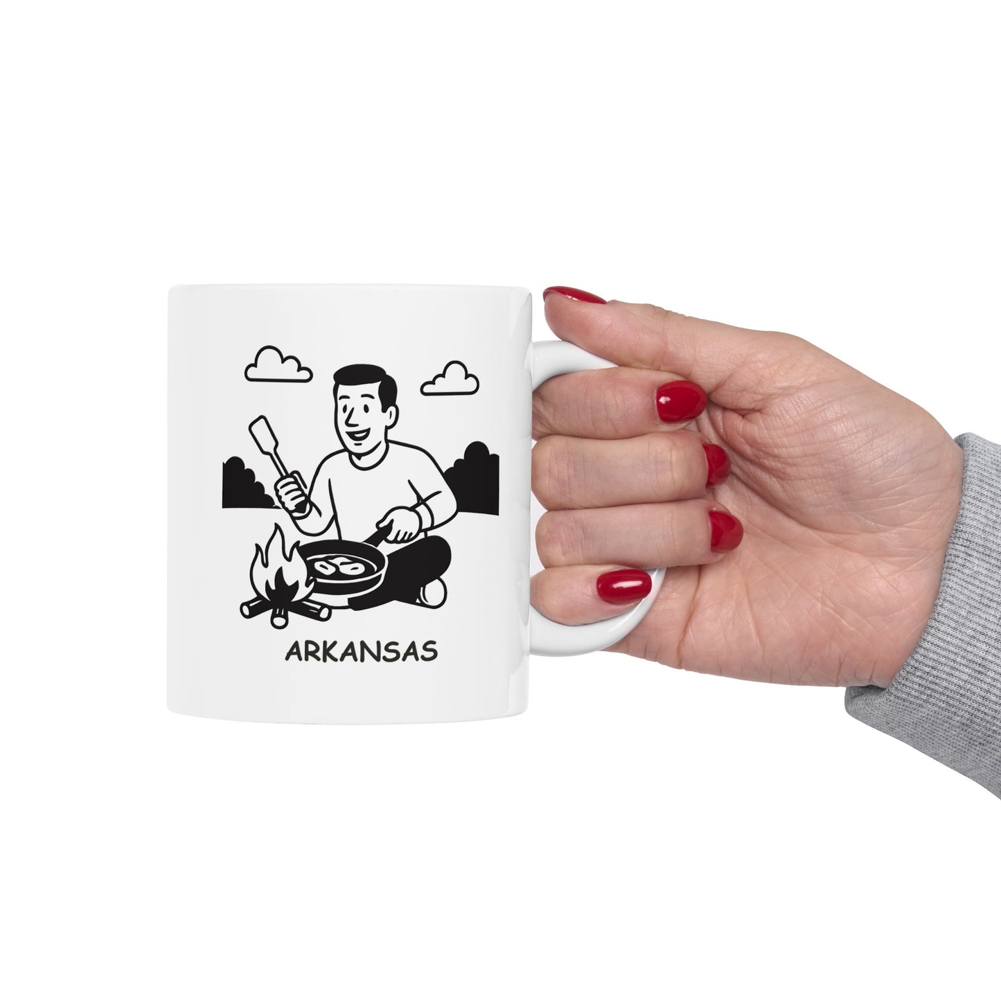 "In Arkansas, we don’t need a fancy restaurant; we just need a campfire and a skillet." Ceramic Mug - 13328
