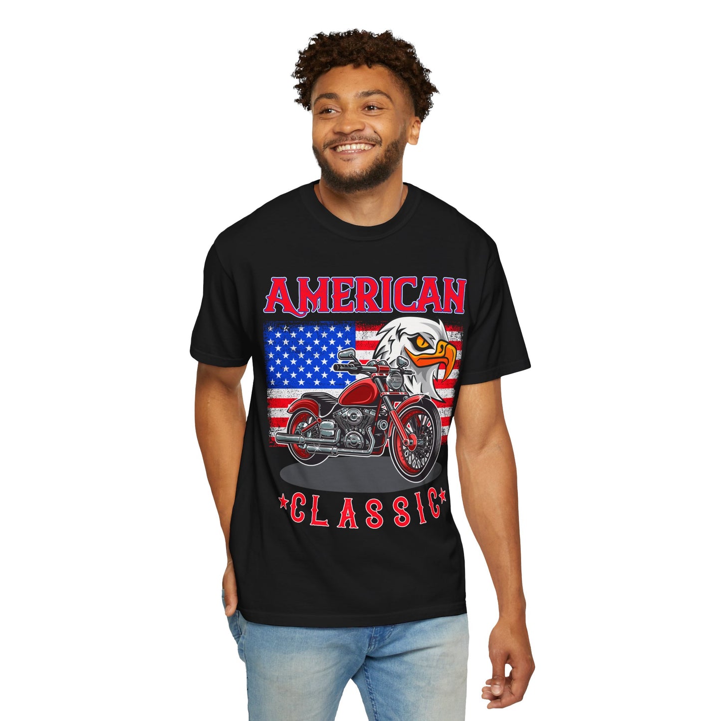 American Classic Tee, Unisex Garment-Dyed T-shirt, Biker Gift, Patriotic Apparel, Rider and Eagle Fashion, Vintage Style - 13658
