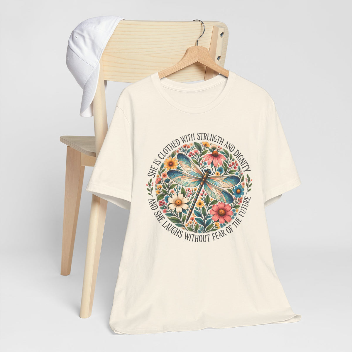 Dragonfly Floral T-Shirt, “She Is Clothed With Strength and Dignity” Inspirational Women’s Tee - 14993