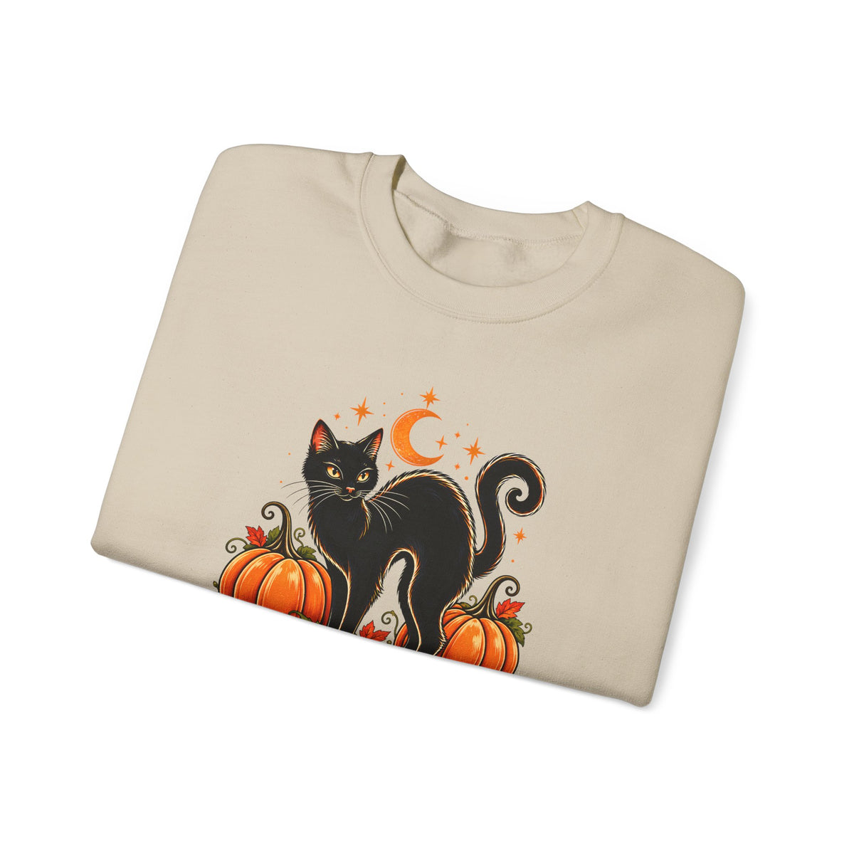Halloween Black Cat & Pumpkins Sweatshirt, Vintage Autumn Crewneck - 14521