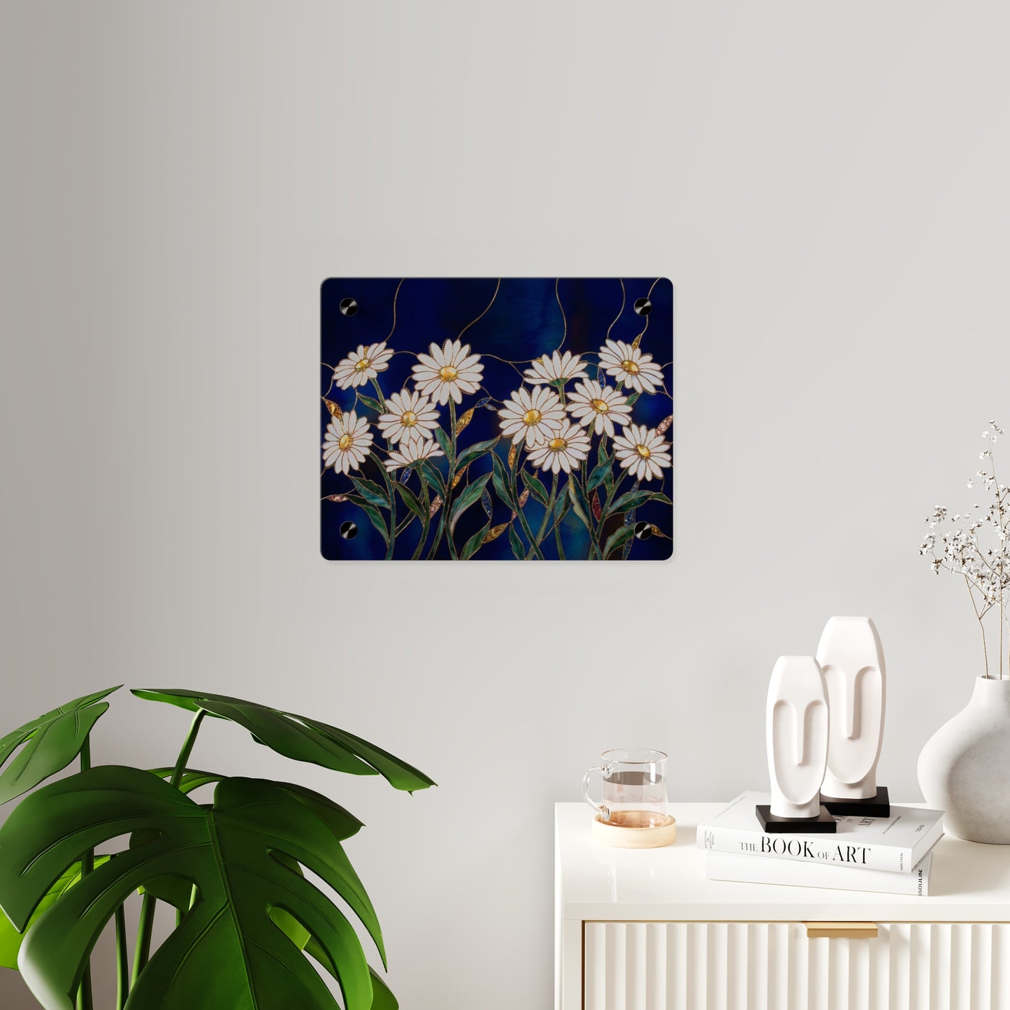 Daisy Stained-Glass Acrylic Wall Art Panel — White Daisies on Deep Blue Background - 14602