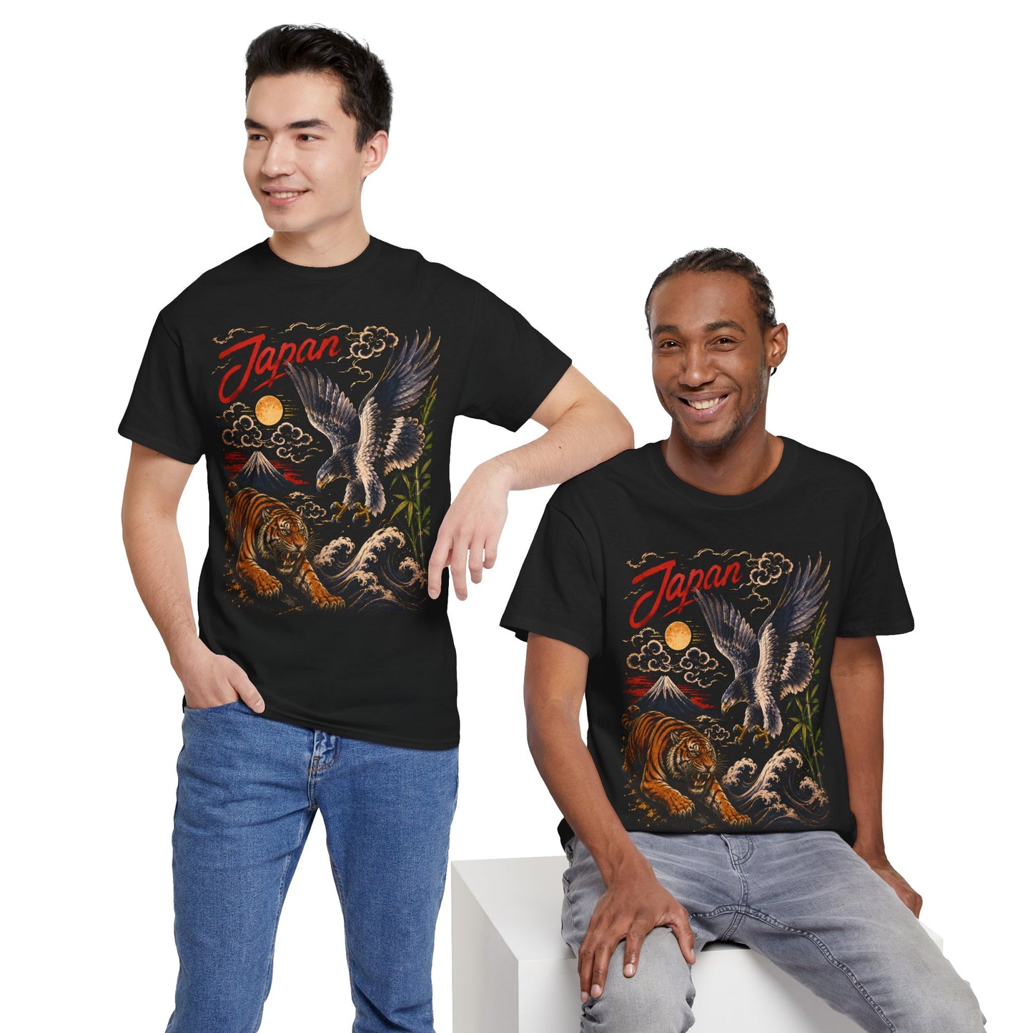 Japan Tiger & Eagle Graphic T-Shirt – Vintage Japanese Tattoo Style Tee - 14910