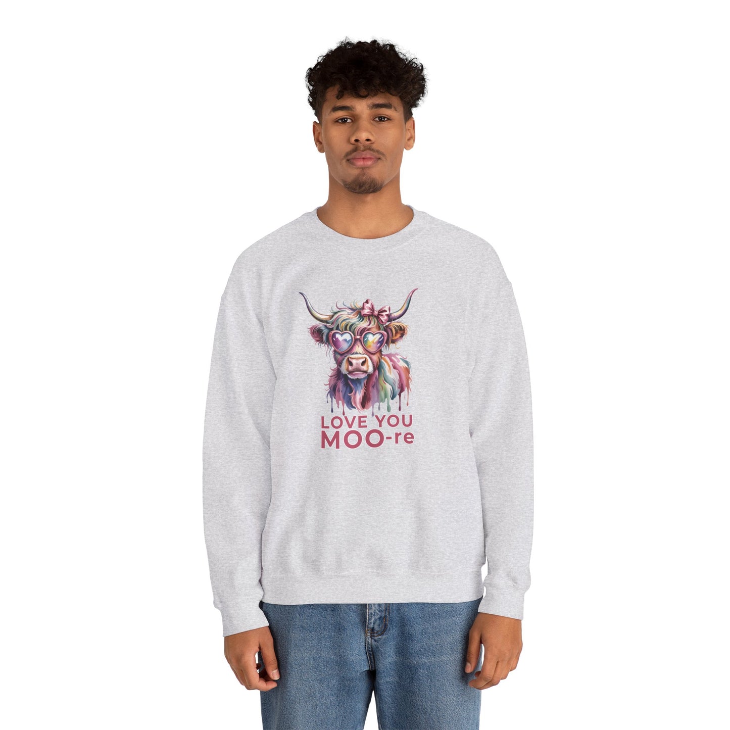 Love You Moo-re Highland Cow Sweatshirt – Cute Valentine’s Day Crewneck Pullover, Funny Romantic Gift for Her or Him - 14786