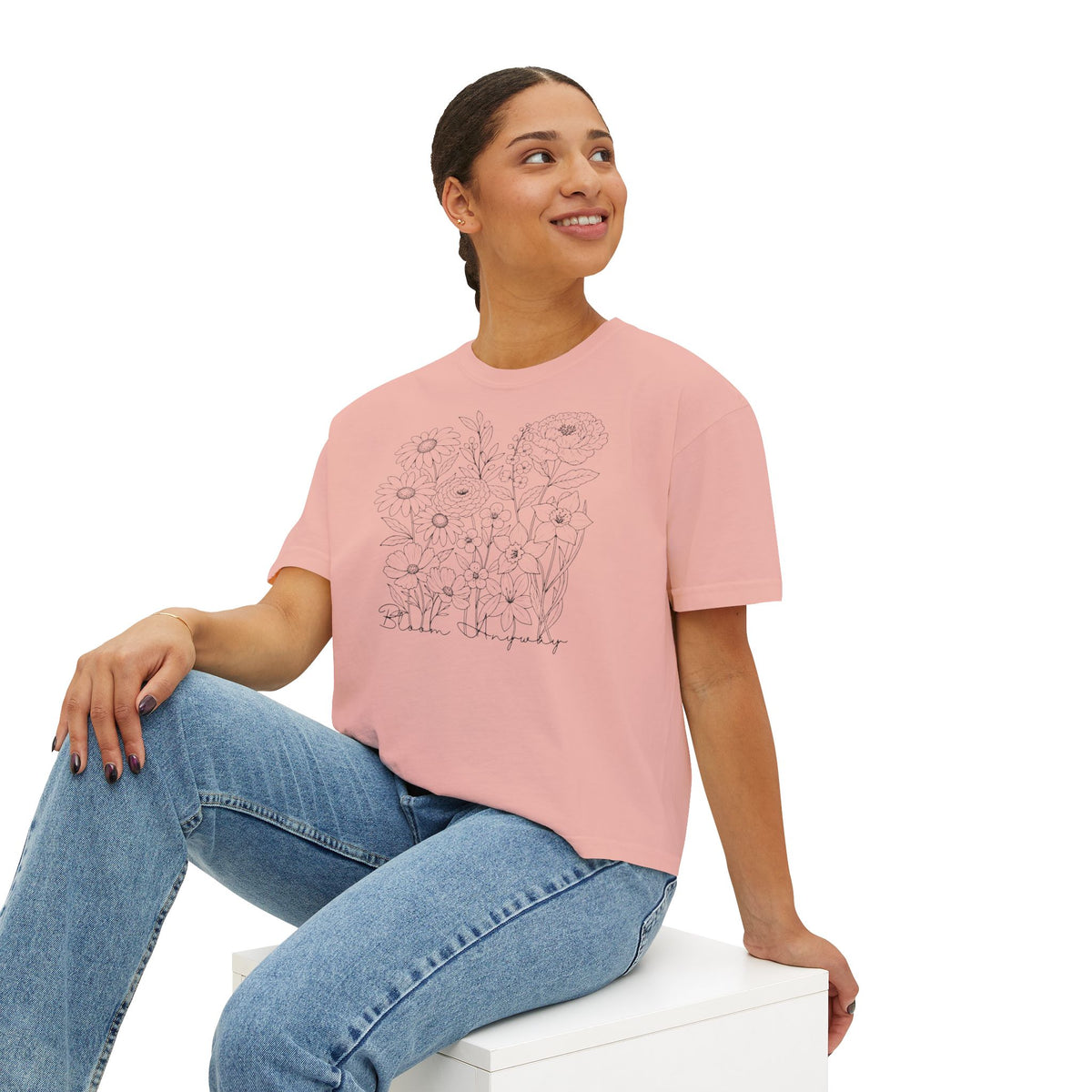 Floral Line Art Boxy T-Shirt, Women’s Botanical Sketch Tee - 14987