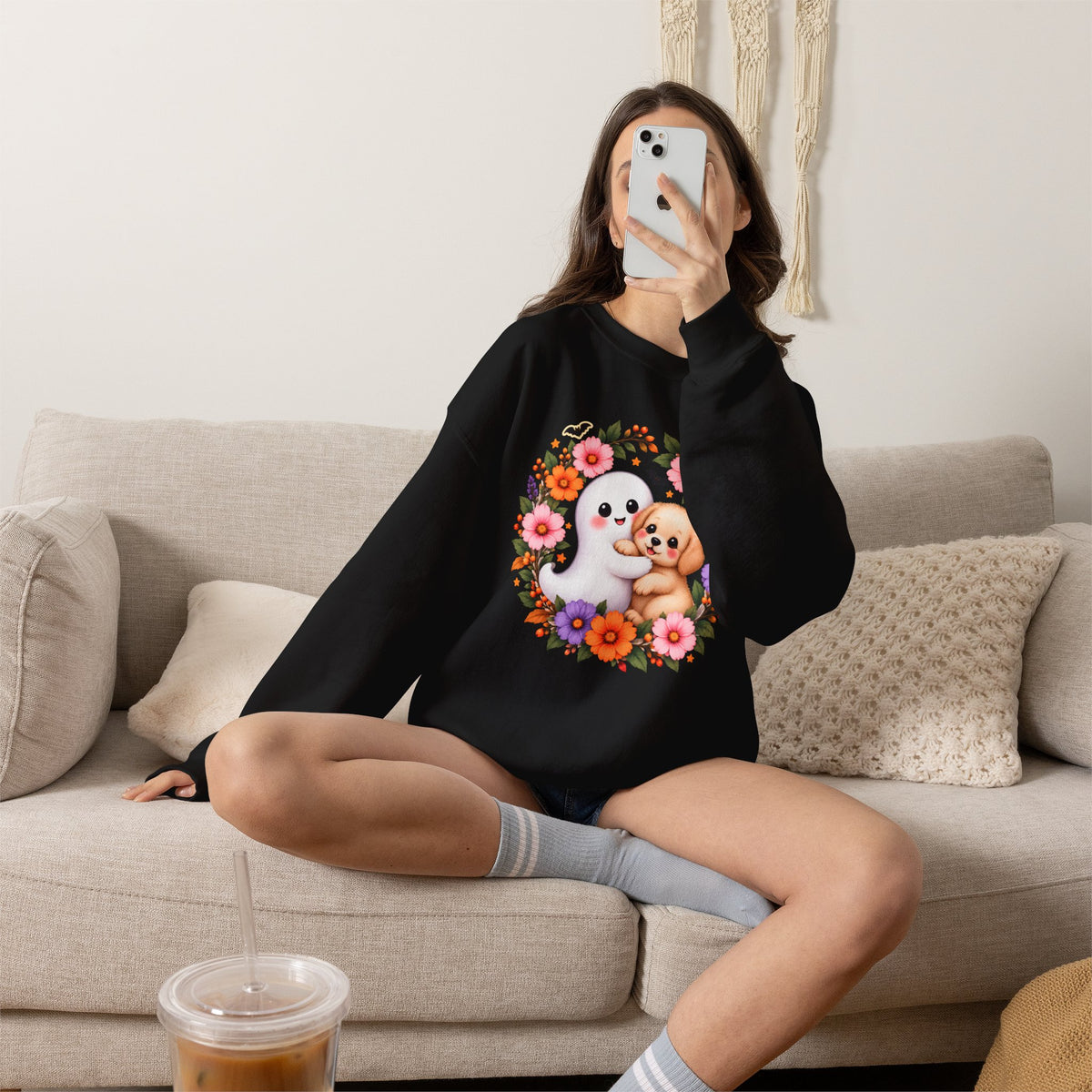 Cute Ghost & Puppy Halloween Sweatshirt,  Floral Crewneck - 14515