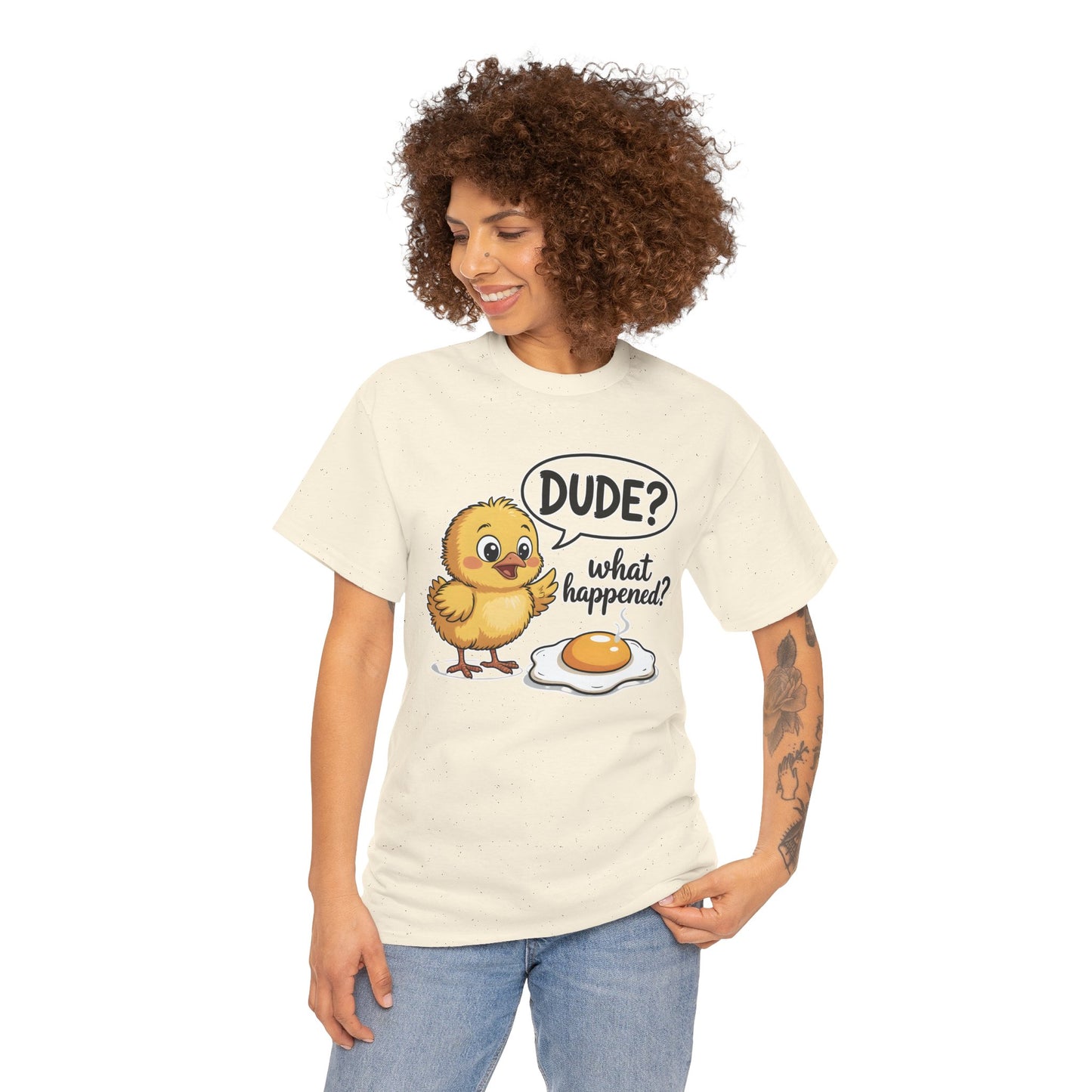 Funny Chicken T-Shirt – “Dude? What Happened?” Cute Chick & Egg Humor Tee Gift - 14849