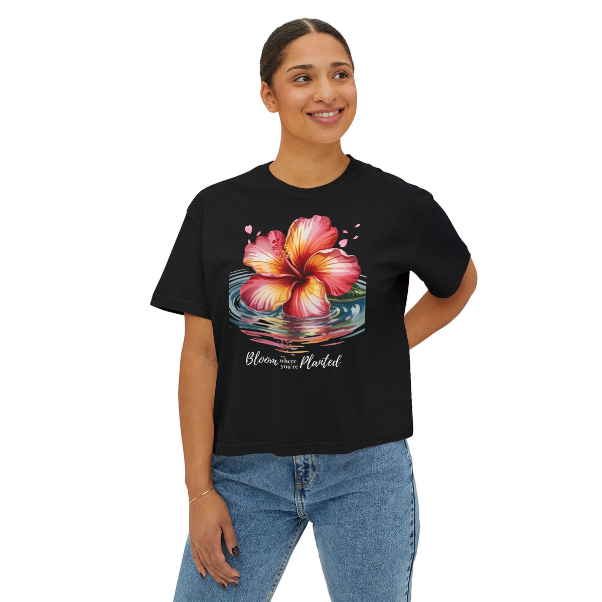 Bloom Where You’re Planted Hibiscus Boxy Tee, Tropical Floral T-Shirt - 14924