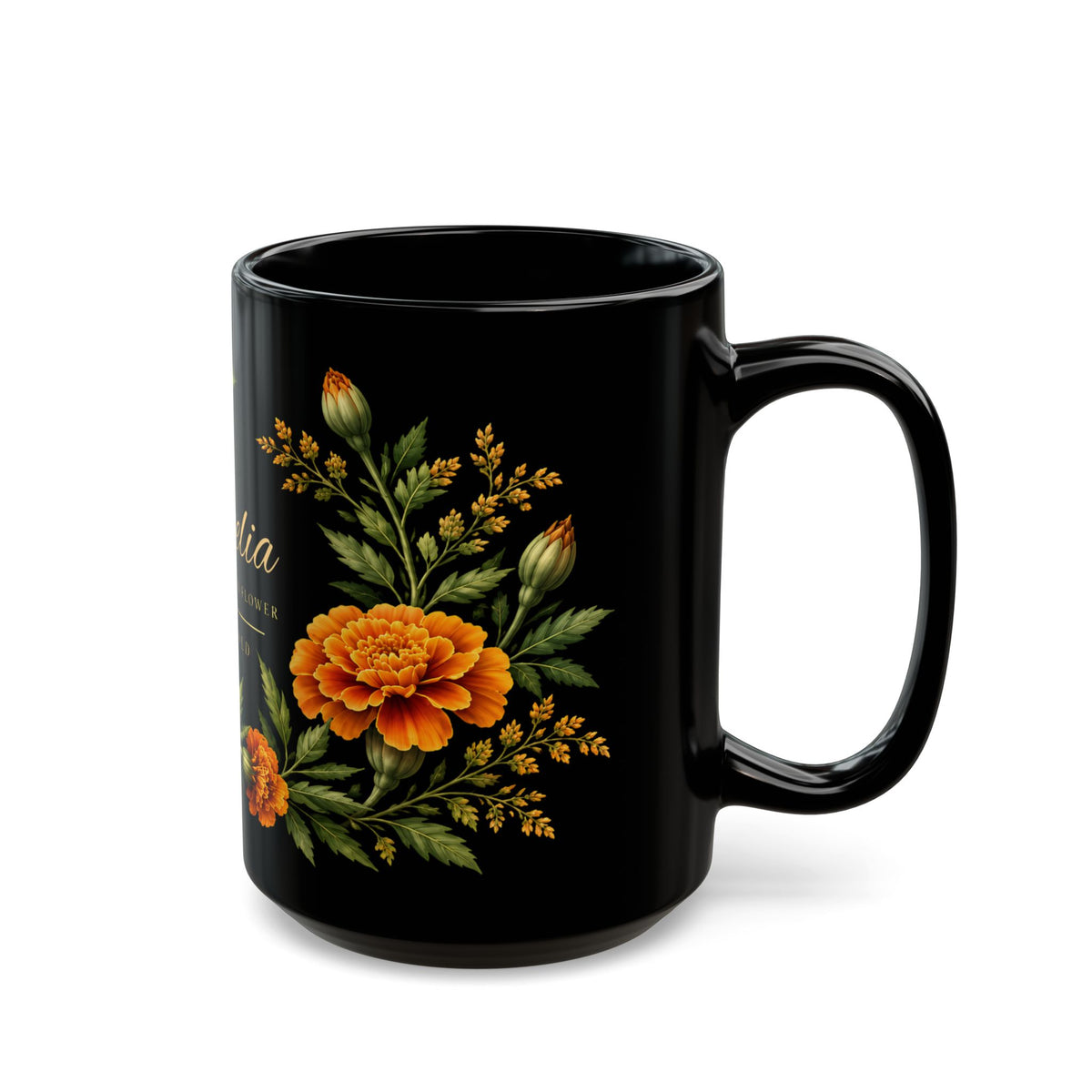 Personalized October Birth Flower Mug,  Marigold Black Coffee Cup, Custom Name 11oz/15oz - 14976