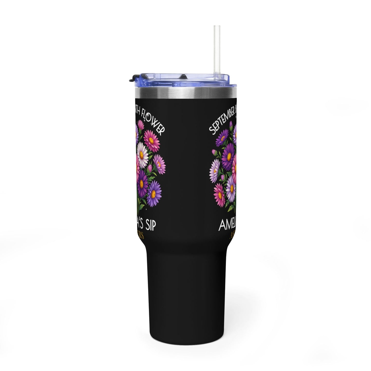 Personalized September Birth Flower 40oz Tumbler, “Amelia’s Sip” Aster Travel Mug - 14930
