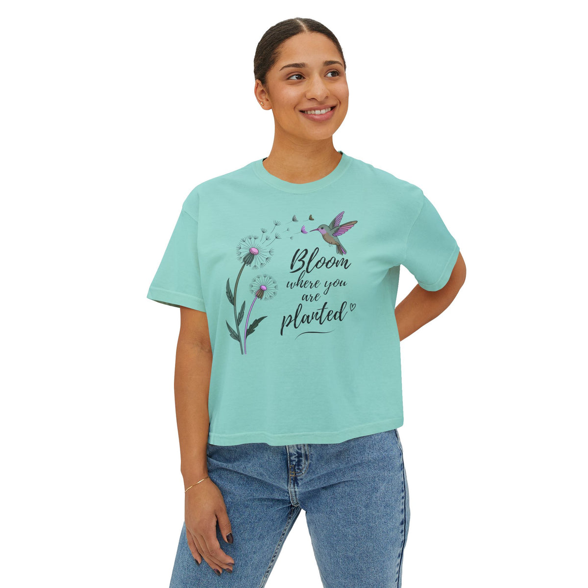 Bloom Where You’re Planted Boxy Tee, Women’s Hummingbird Floral Inspirational T-Shirt - 14926