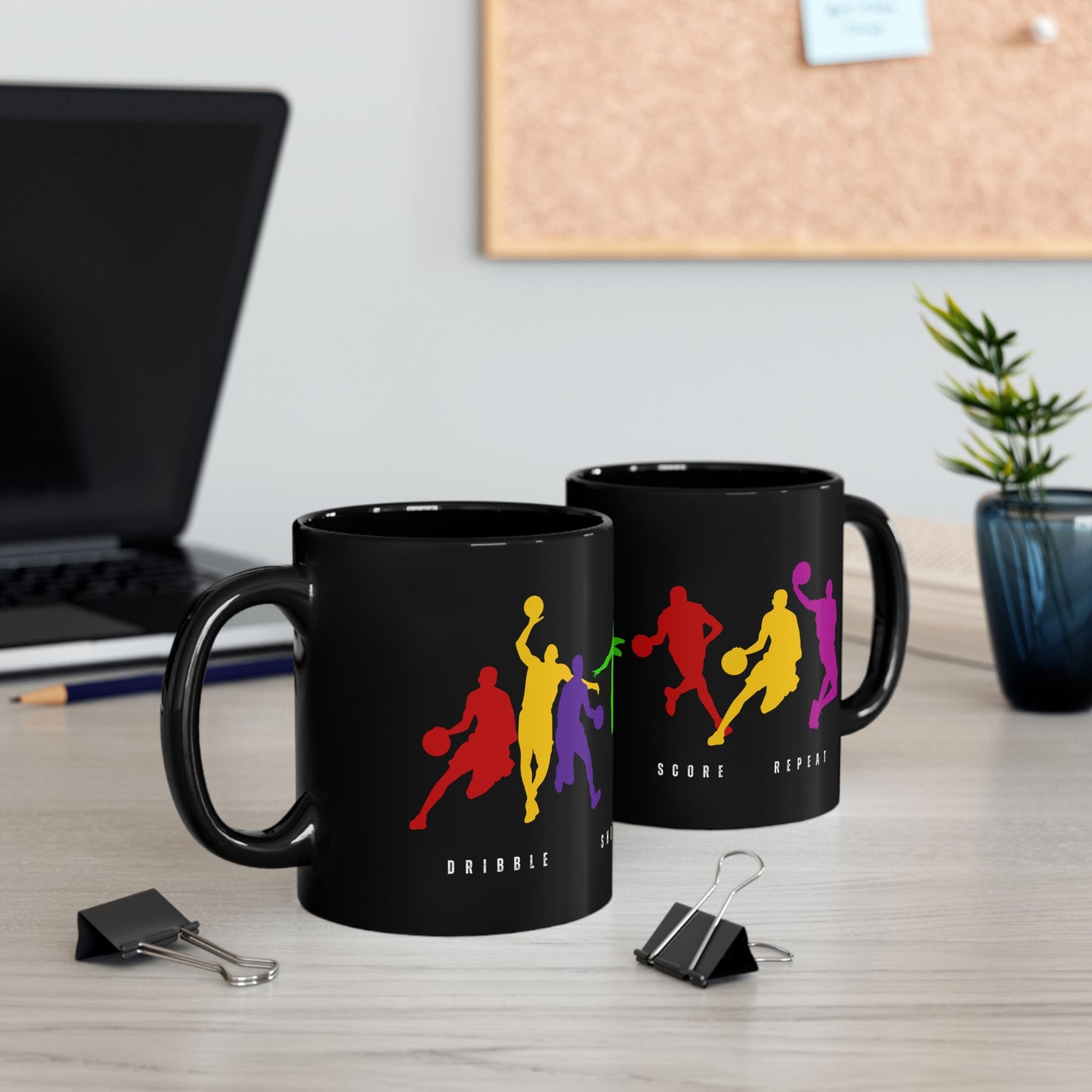 Dribble, Shoot, Score & Repeat, Basketball -  Black Mug (11oz, 15oz) - 10300