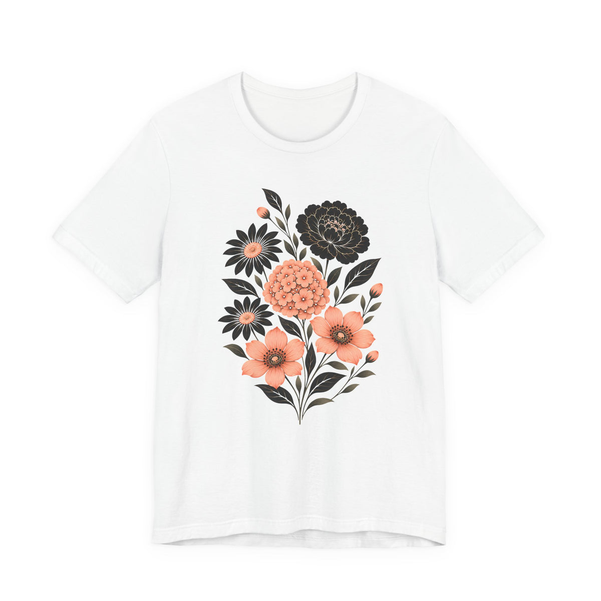 Floral Bouquet T-Shirt, Peach & Black Garden Flower Tee - 14502