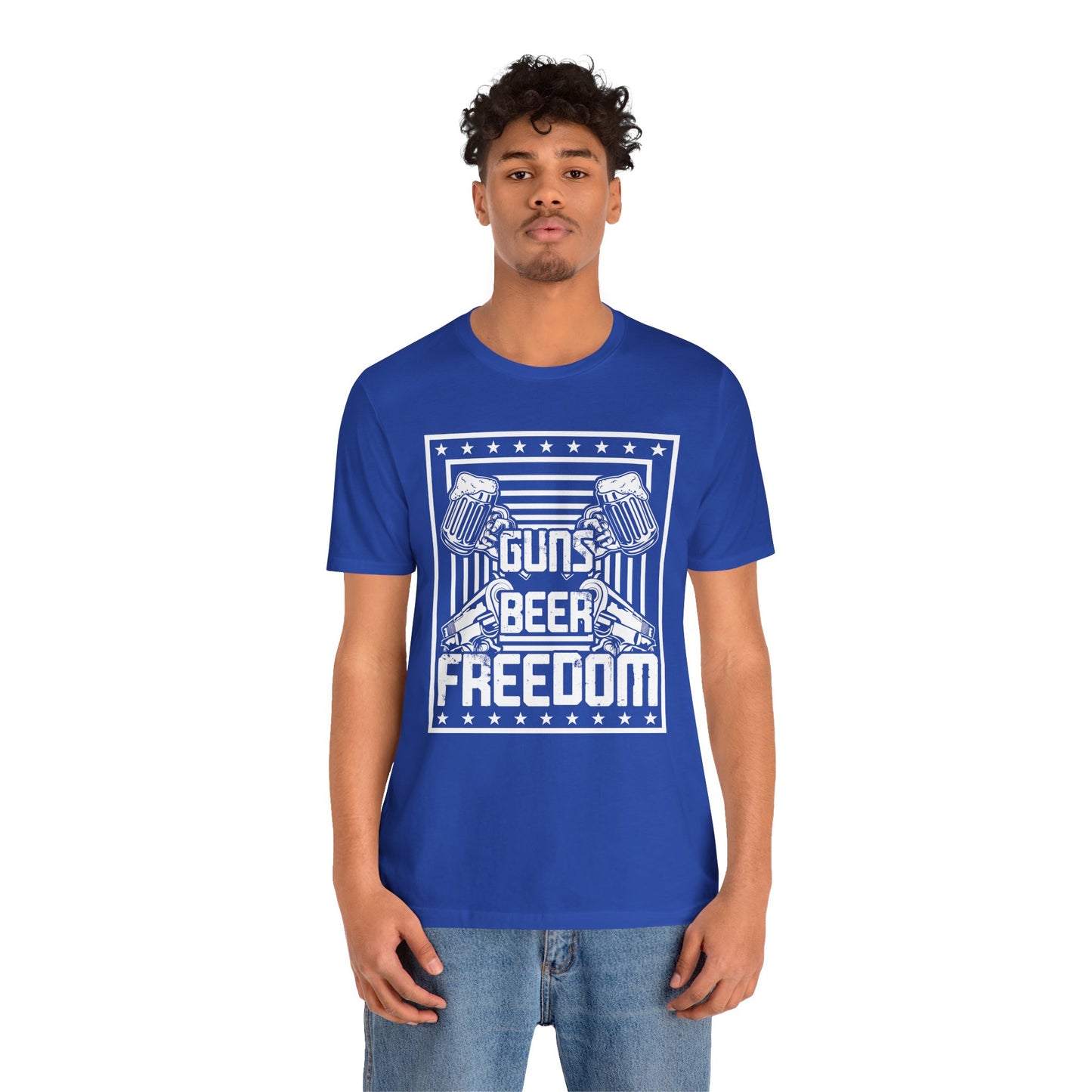 4th of July, Guns Beer Freedom Unisex Tee, Casual Shirt, Patriotic Apparel, Gift for Him, Party Tee, Everyday Wear - 13598