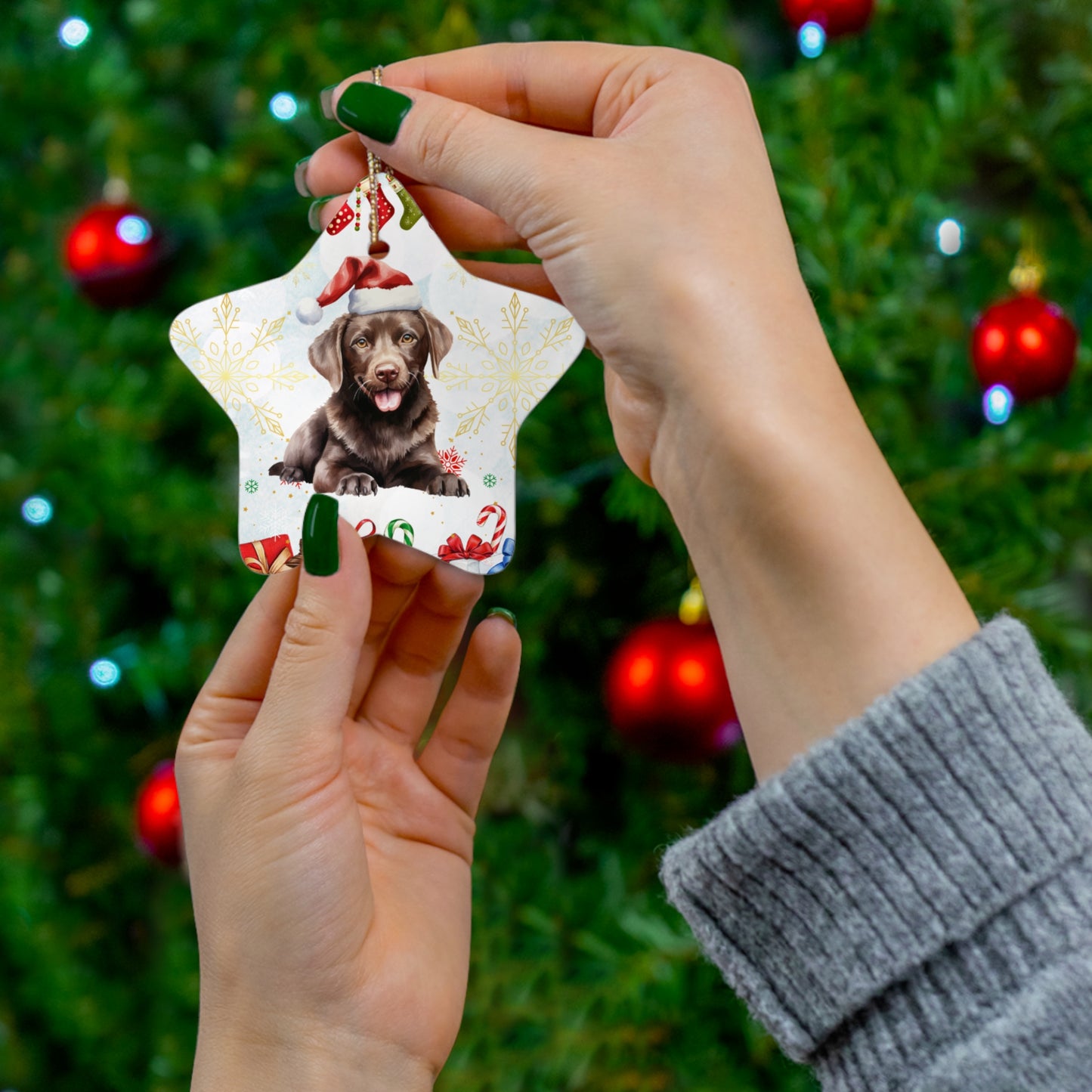 Dog with Christmas Hat - Ceramic Ornament, 4 Shapes