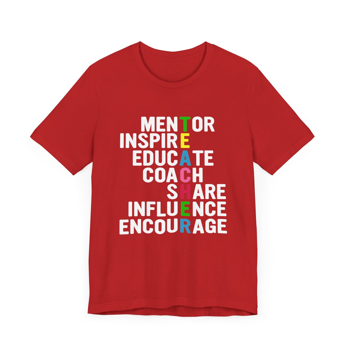 Teacher: Mentor Inspire, Educate, Coach, Share, Influence, Encourage - Unisex Jersey Short Sleeve Tee