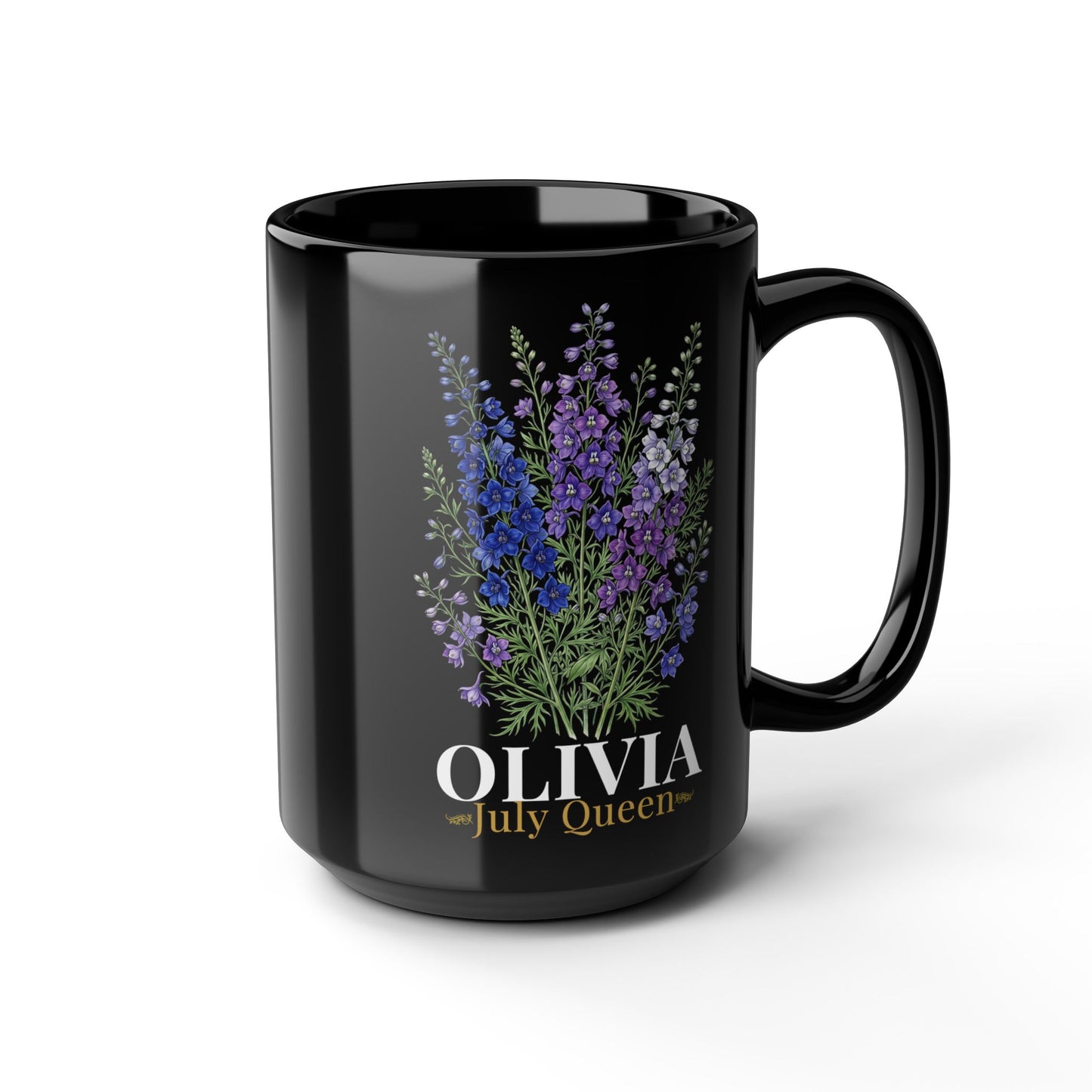 Personalized July Birth Flower Mug – Custom Name Larkspur Floral Coffee Cup, July Queen Gift for Her, Black Mug 11oz 15oz - 14905