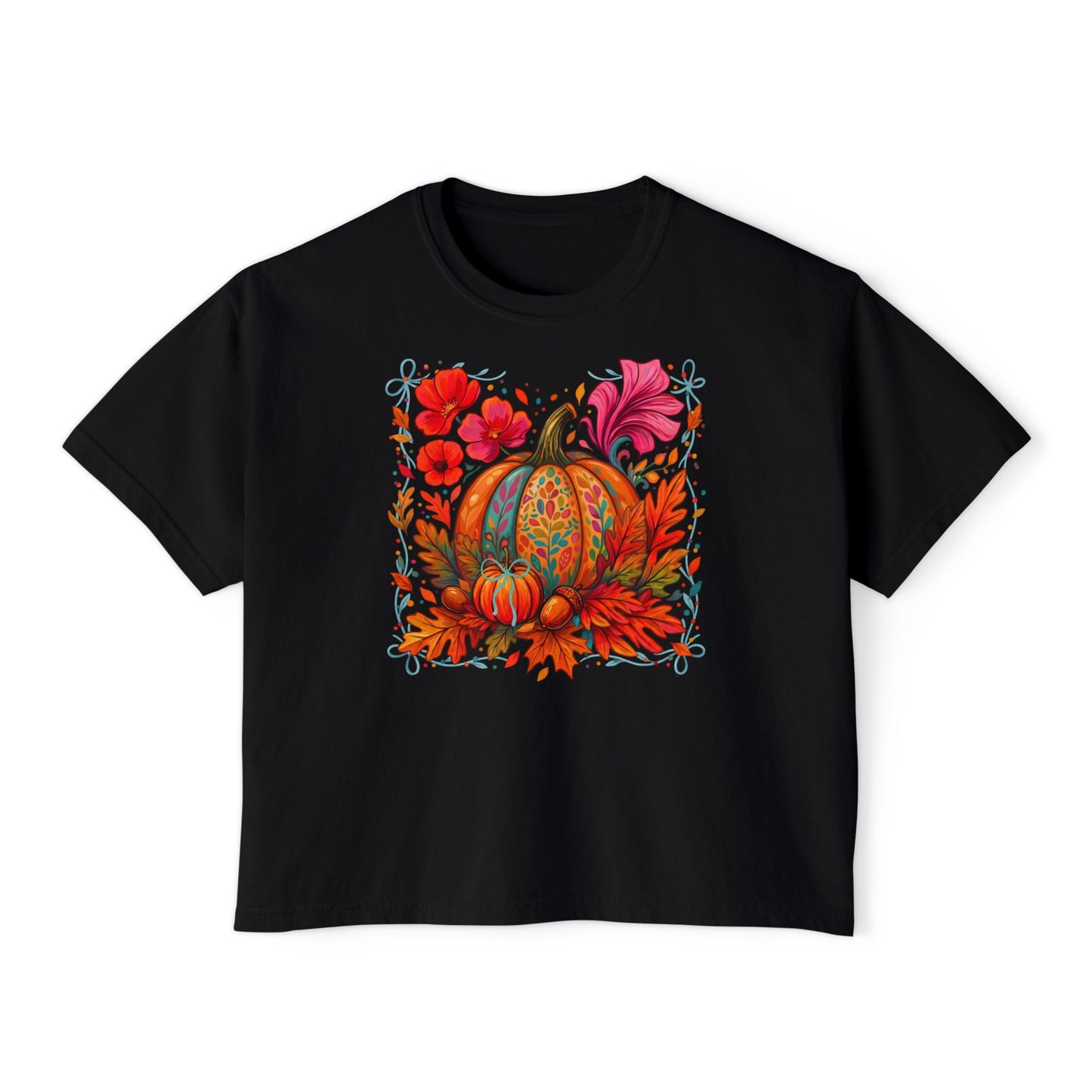Autumn Pumpkin Floral Boxy T-Shirt,  Women’s Fall Harvest Graphic Tee - 14929