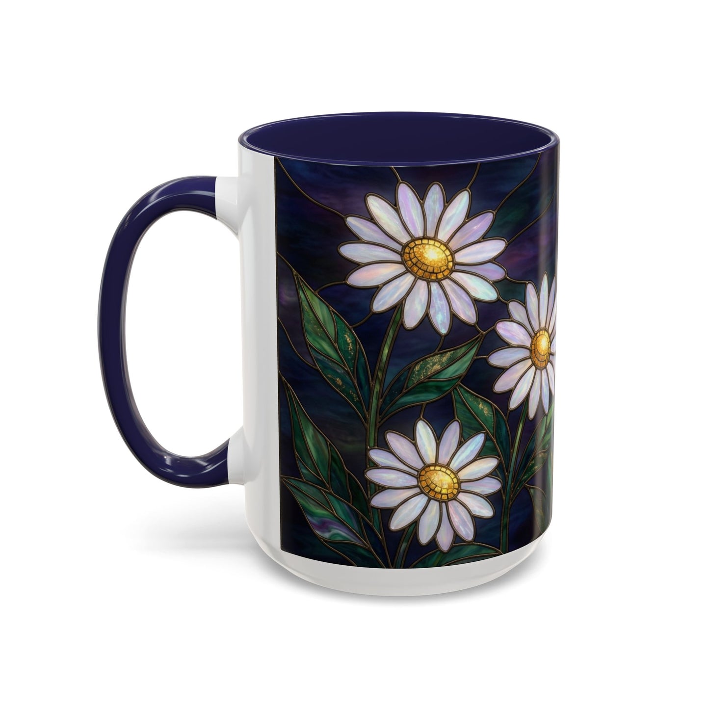 Daisy Stained Glass Accent Coffee Mug — White Daisies on Midnight (11/15oz) - 14535