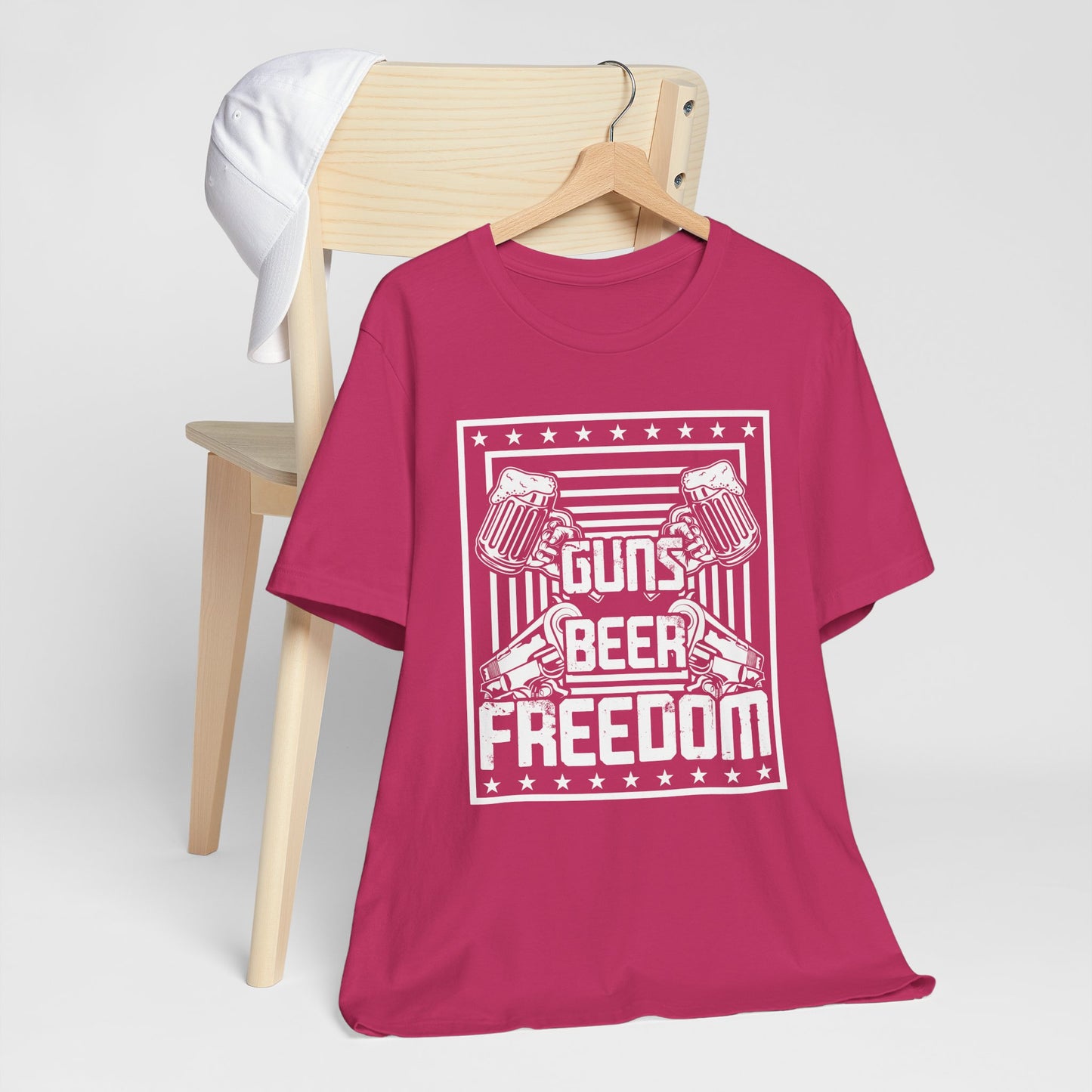 4th of July, Guns Beer Freedom Unisex Tee, Casual Shirt, Patriotic Apparel, Gift for Him, Party Tee, Everyday Wear - 13598