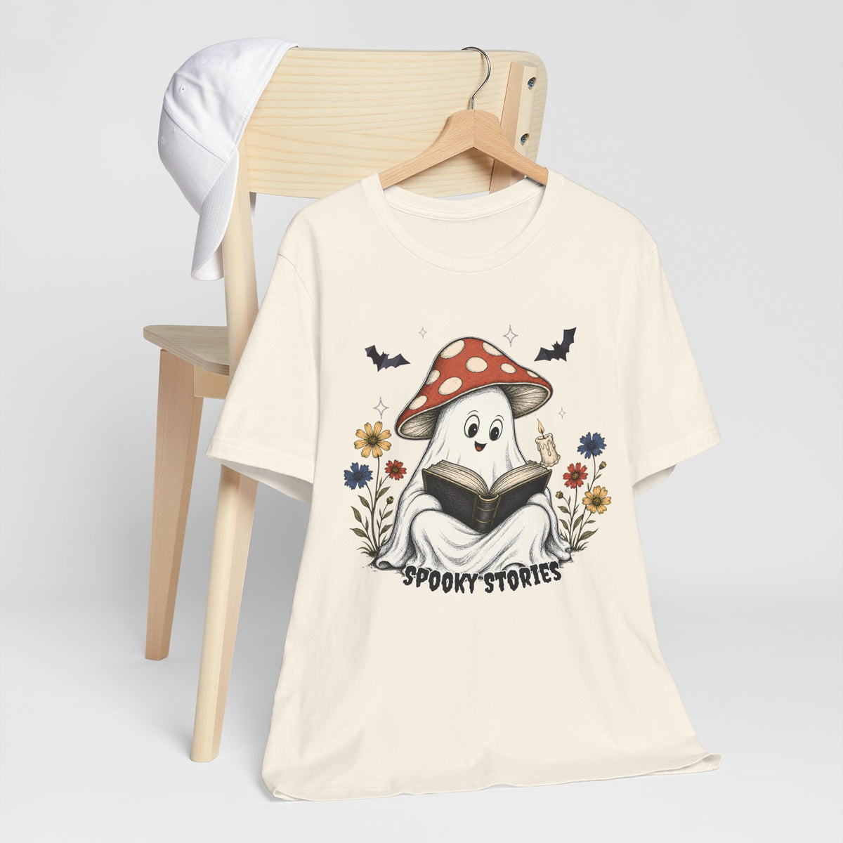 Spooky Stories Ghost T-Shirt, Cute Mushroom Ghost Reading Shirt for Halloween - 14970