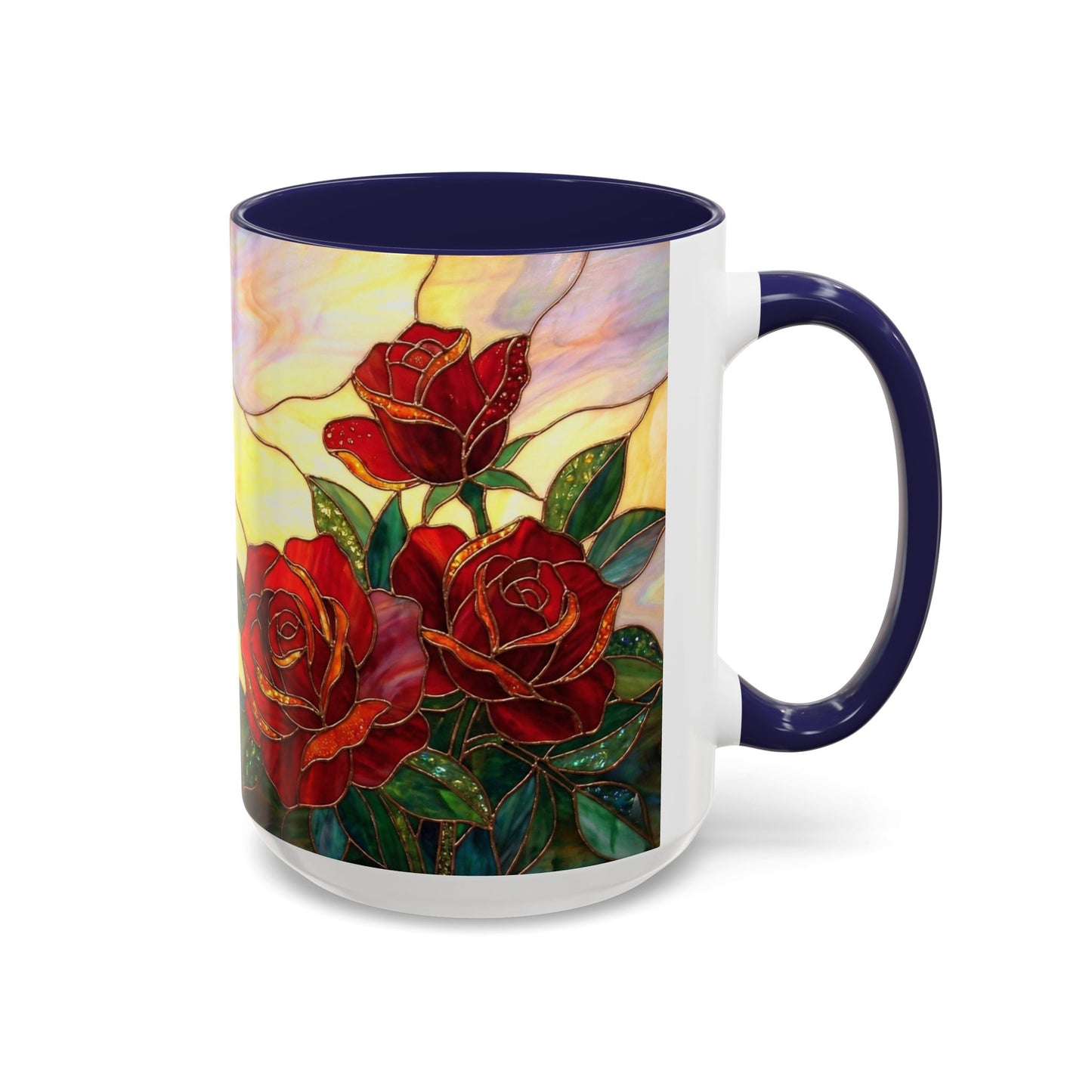 Rose Stained Glass Accent Coffee Mug – Red Roses Floral 11/15oz - 14539