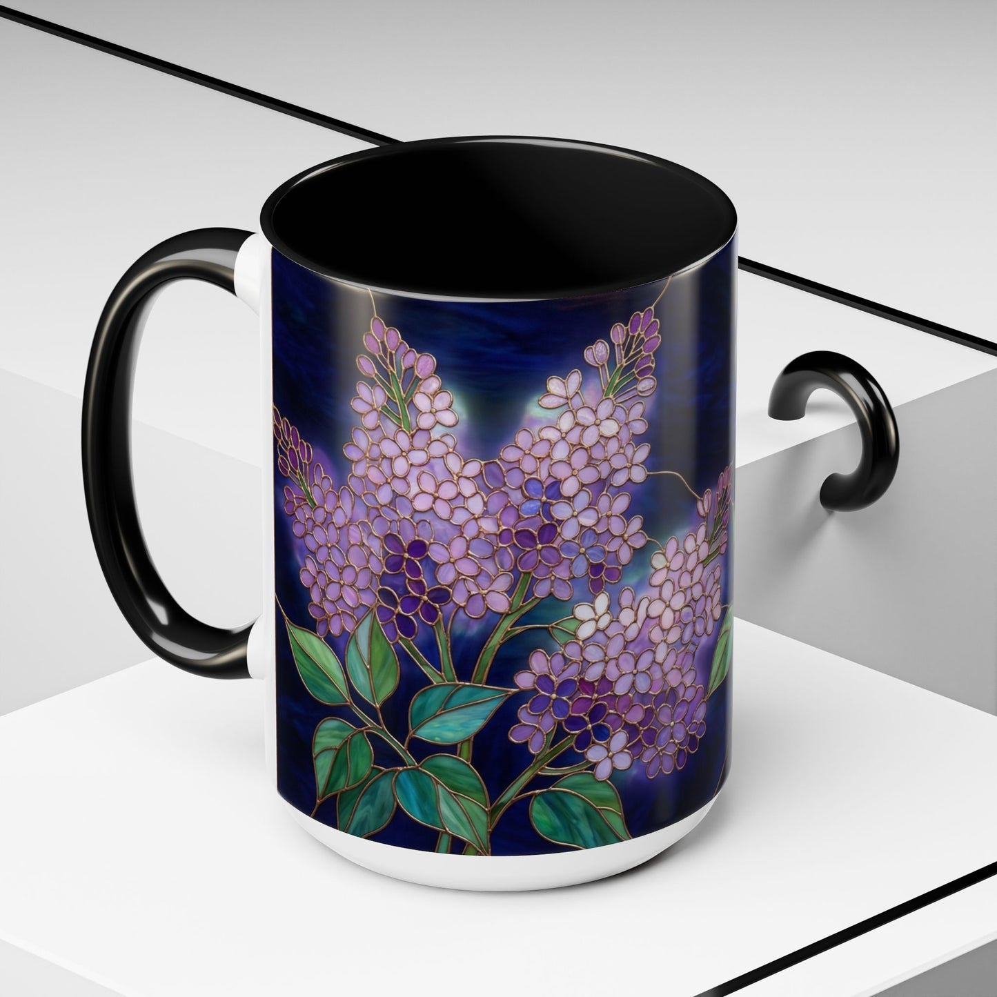 Lilac Blossoms Accent Coffee Mug — Stained Glass Design (11/15 oz) - 14574