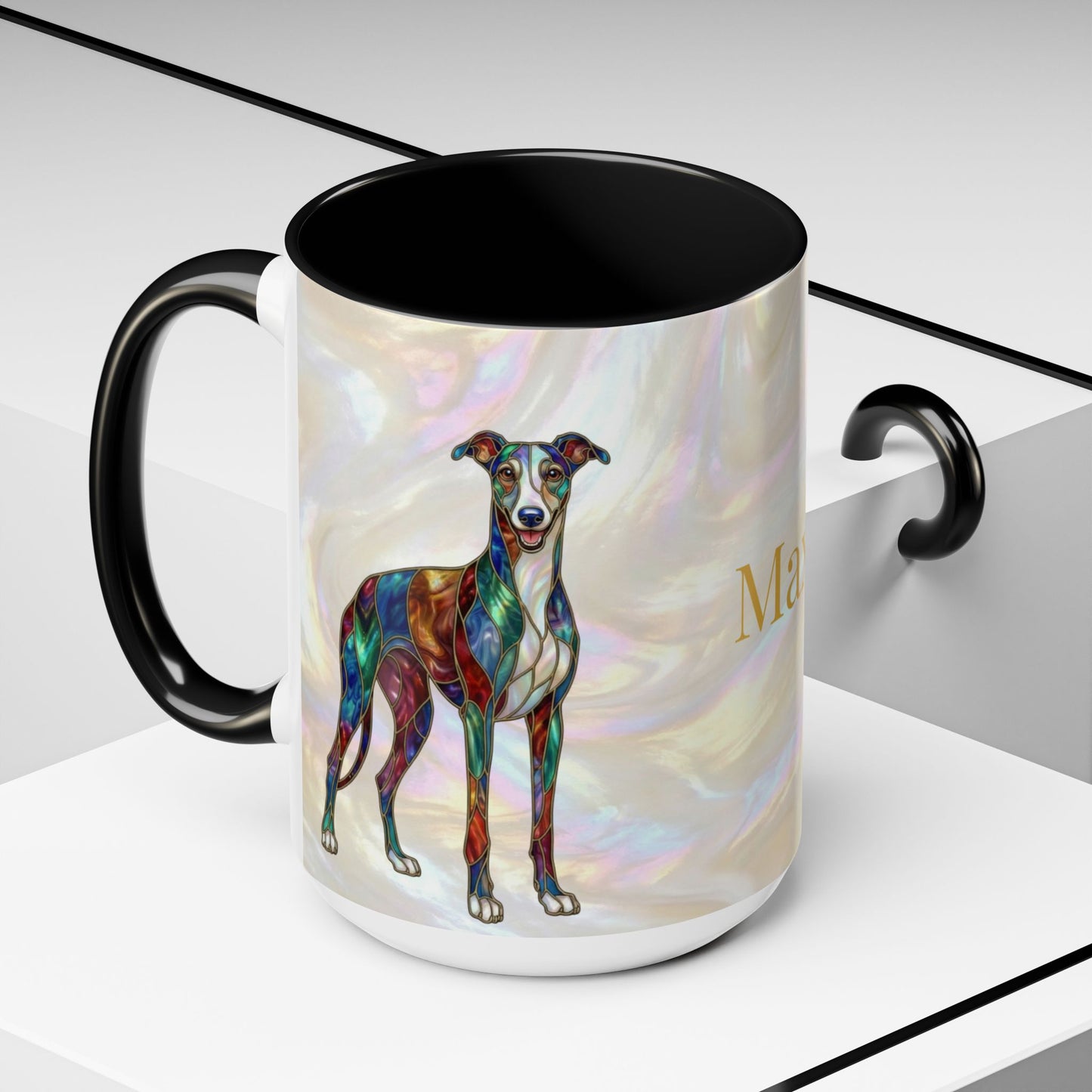 Personalized Greyhound Coffee Mug – Stained Glass Dog Accent Mug (Name Customizable)  - 14523