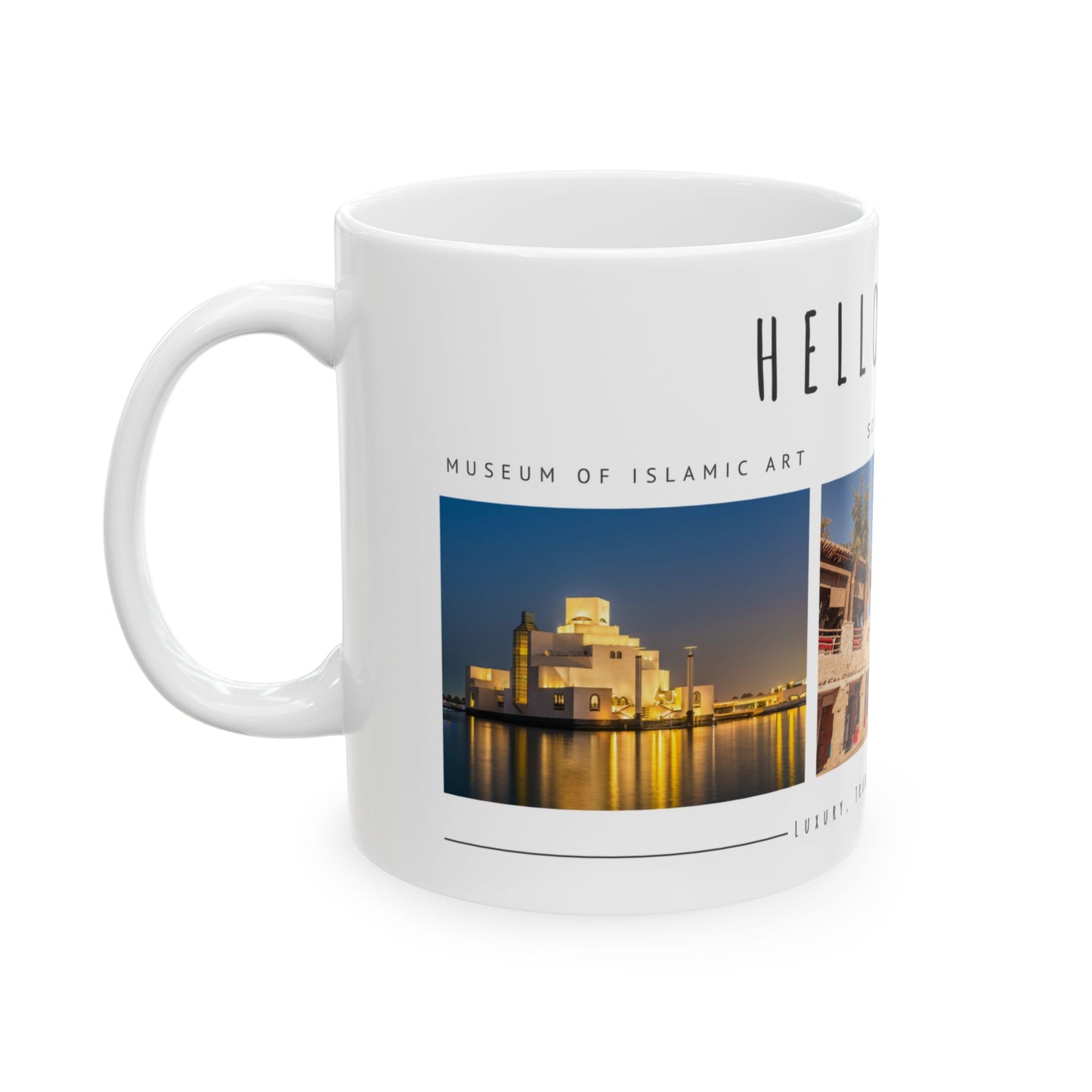 Hello Doha! Ceramic Travel Mug - 11oz & 15oz | Souq Waqif Art Design - 12108
