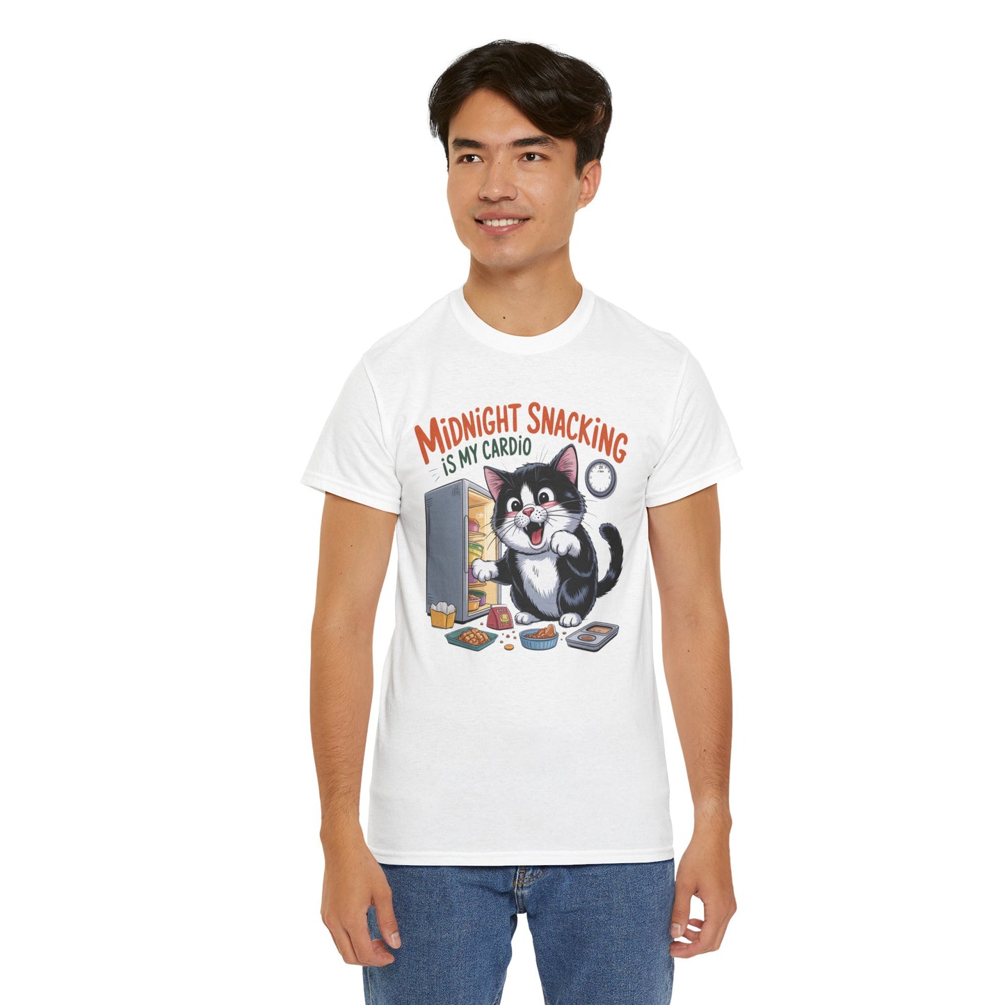 Midnight Snacking Is My Cardio T-Shirt — Funny Cat Graphic Tee, Cute Food Lover Gift - 14865