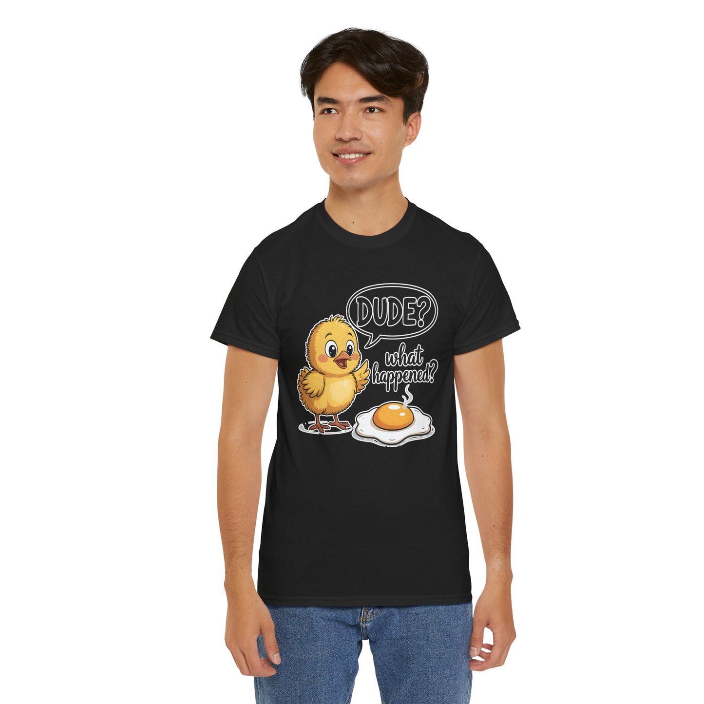 Funny Chicken T-Shirt – “Dude? What Happened?” Cute Chick & Egg Humor Tee Gift - 14849