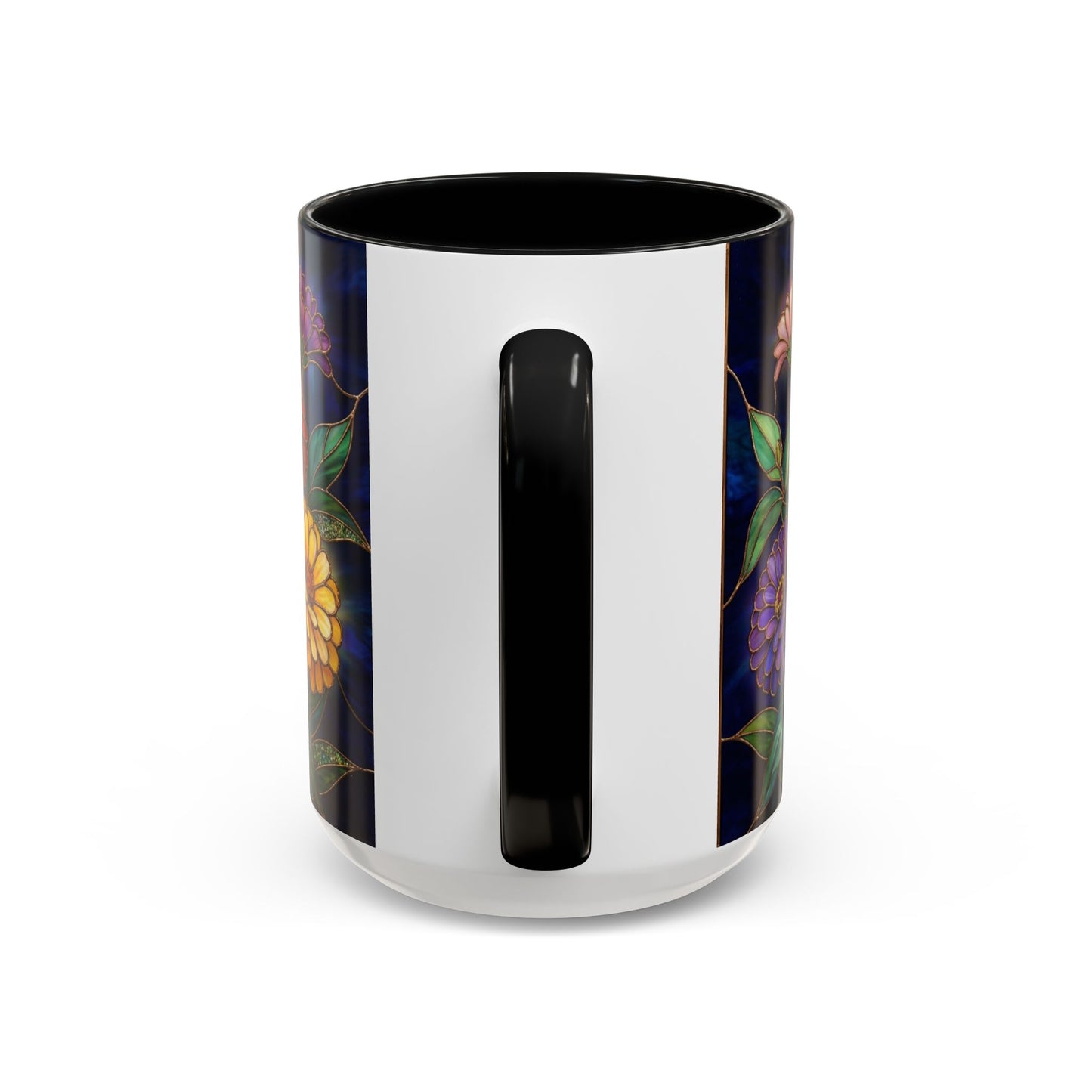 Zinnias Floral Accent Coffee Mug — Stained Glass Design 11/15oz - 14591
