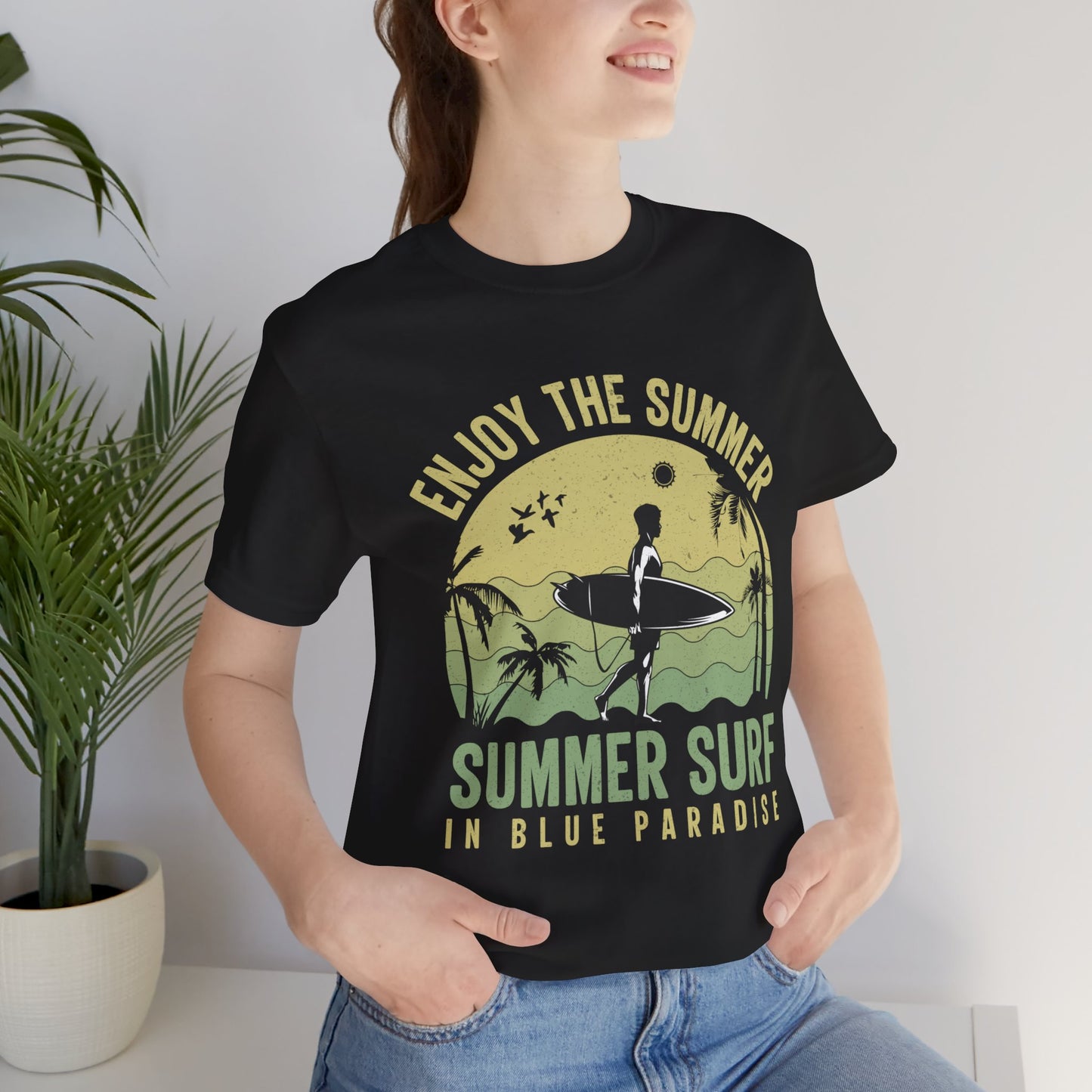 Enjoy The Summer, Summer Surf In Blue Paradise - Unisex Jersey Short Sleeve Tee