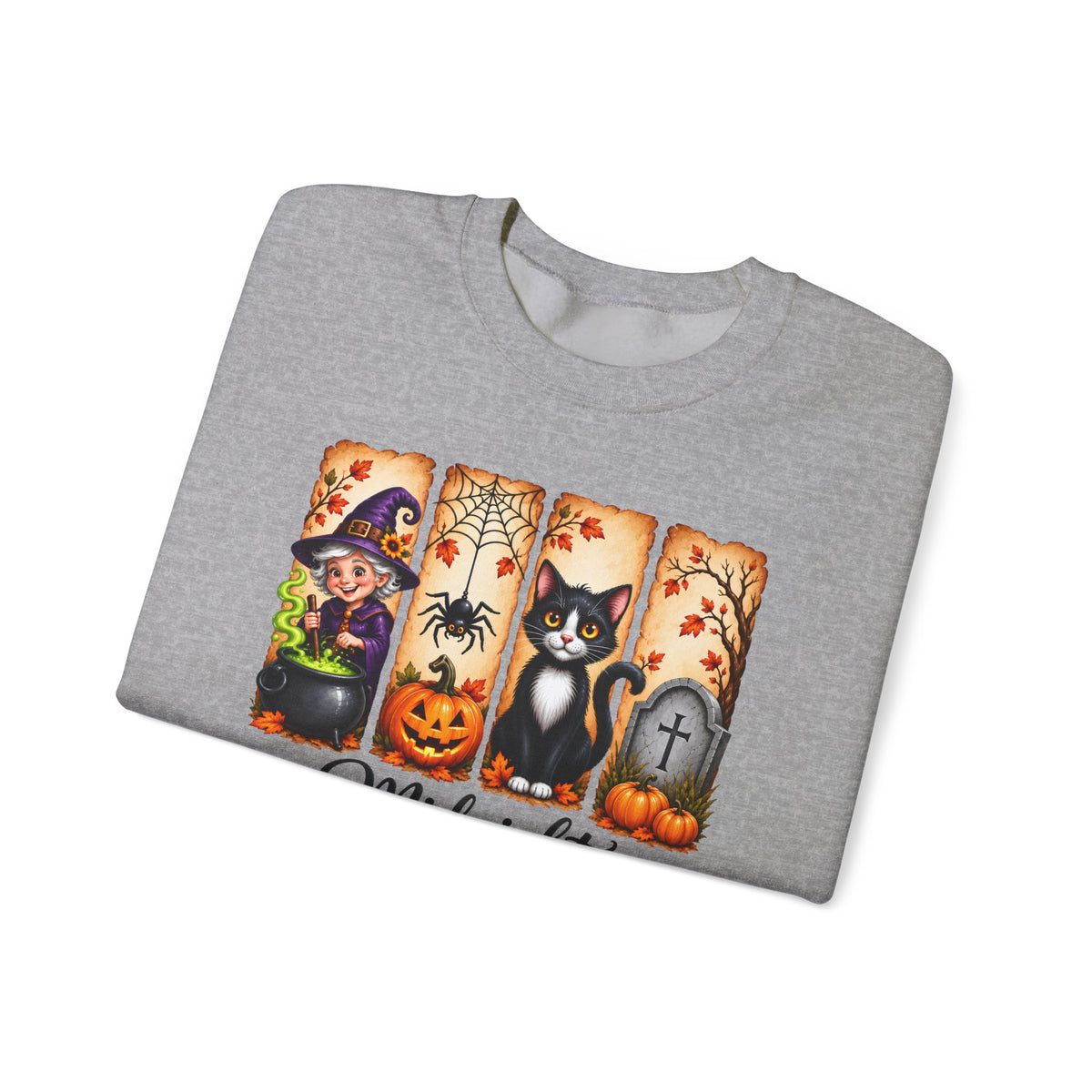 Midnight Harvest Halloween Sweatshirt, Witch, Black Cat, Pumpkins & Spooky Fall Crewneck - 14514
