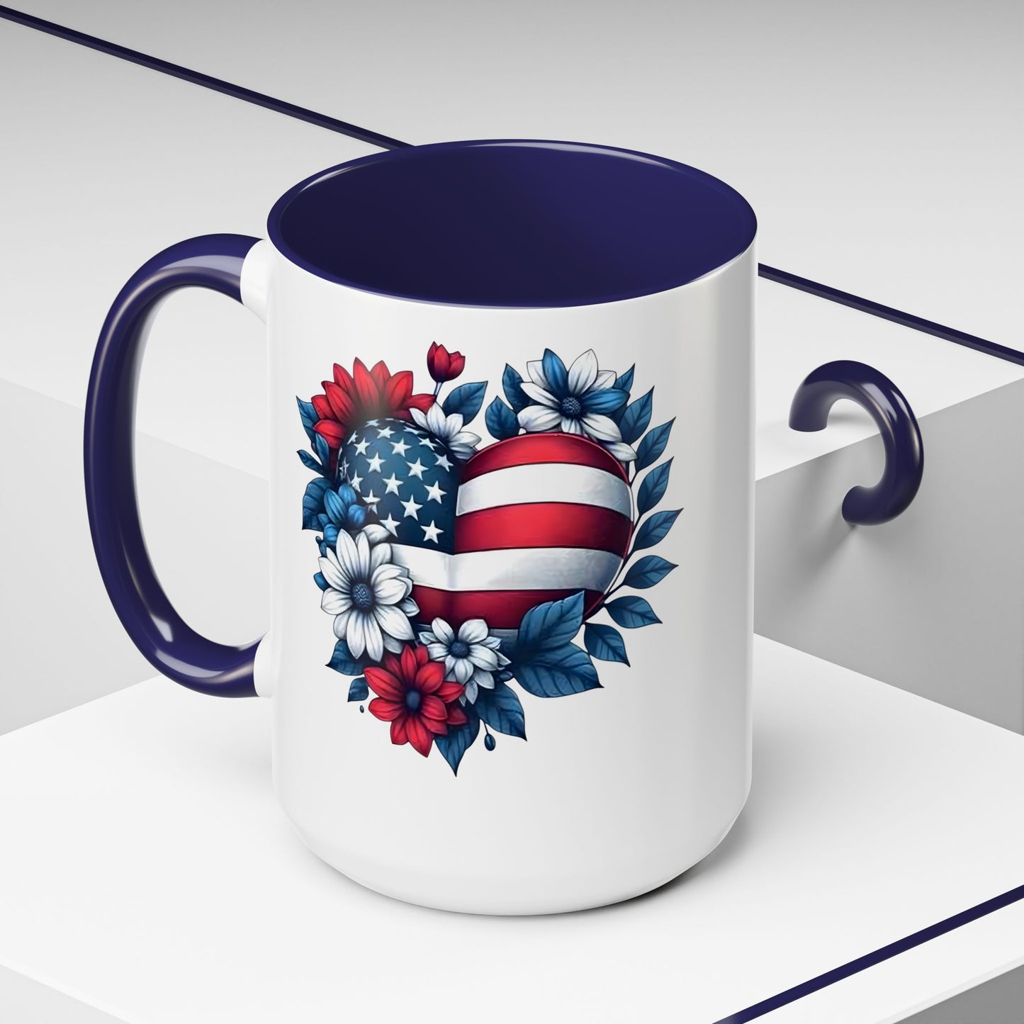 America 250th Anniversary Mug – Patriotic Heart American Flag Floral Accent Coffee Cup, USA Independence Day Gift (11oz, 15oz) - 14834
