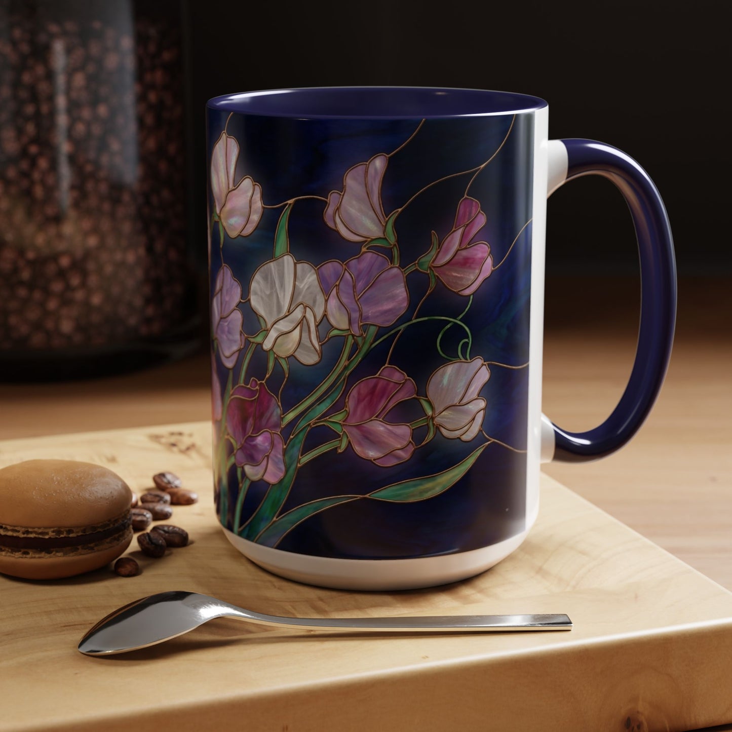 Sweet Pea Floral Accent Coffee Mug — Stained Glass Design 11/15oz - 14587