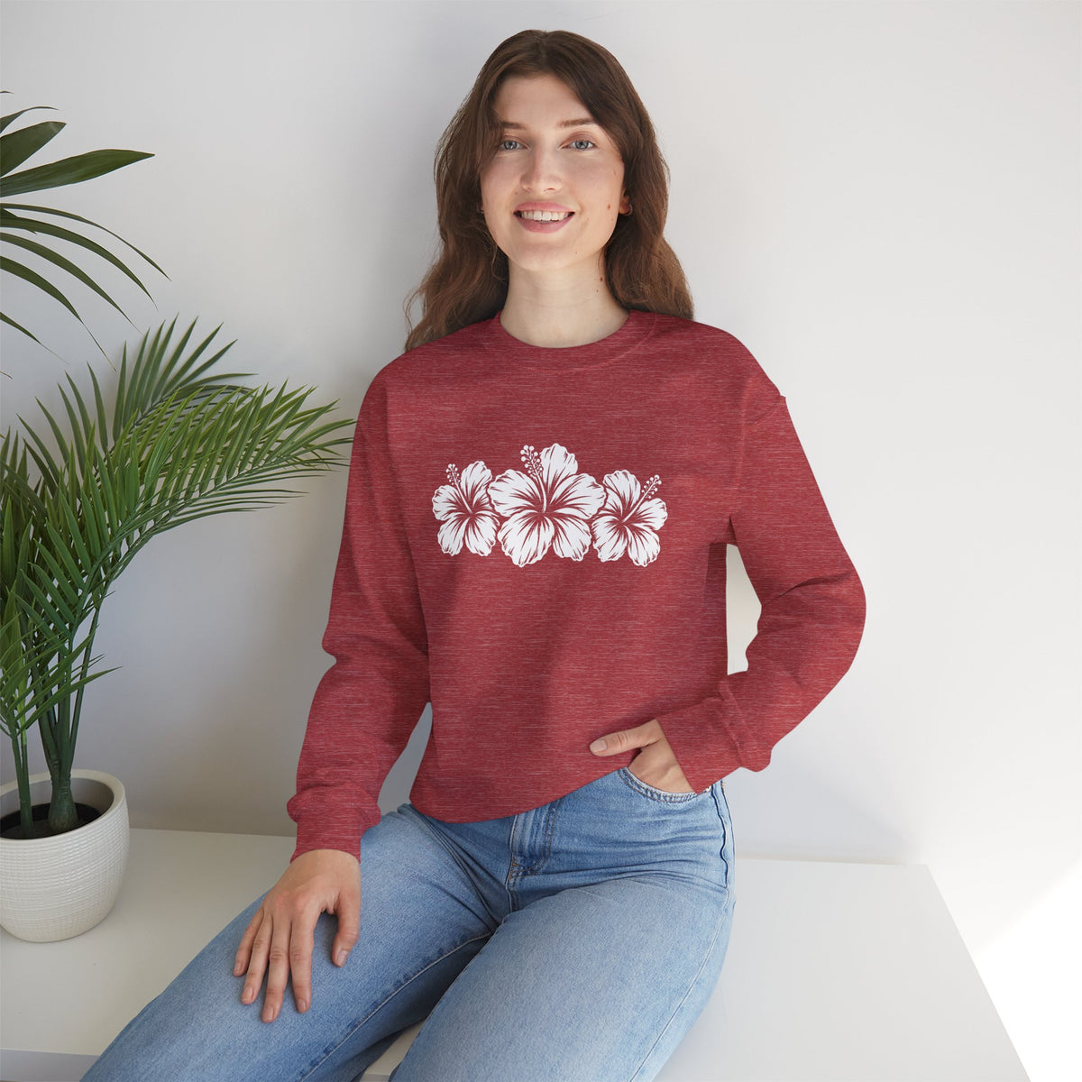 Hibiscus Floral Crewneck Sweatshirt,  Tropical Flower Graphic - 14996