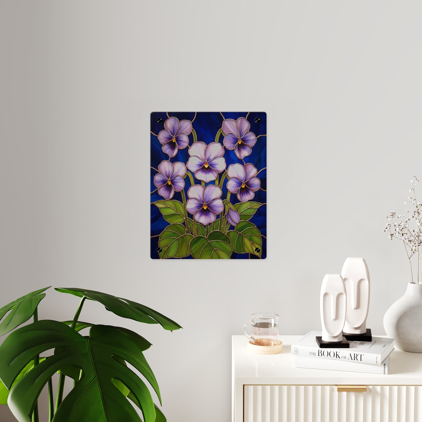 Violet Floral Acrylic Wall Art Panel — Purple Violets on Deep Blue - 14600