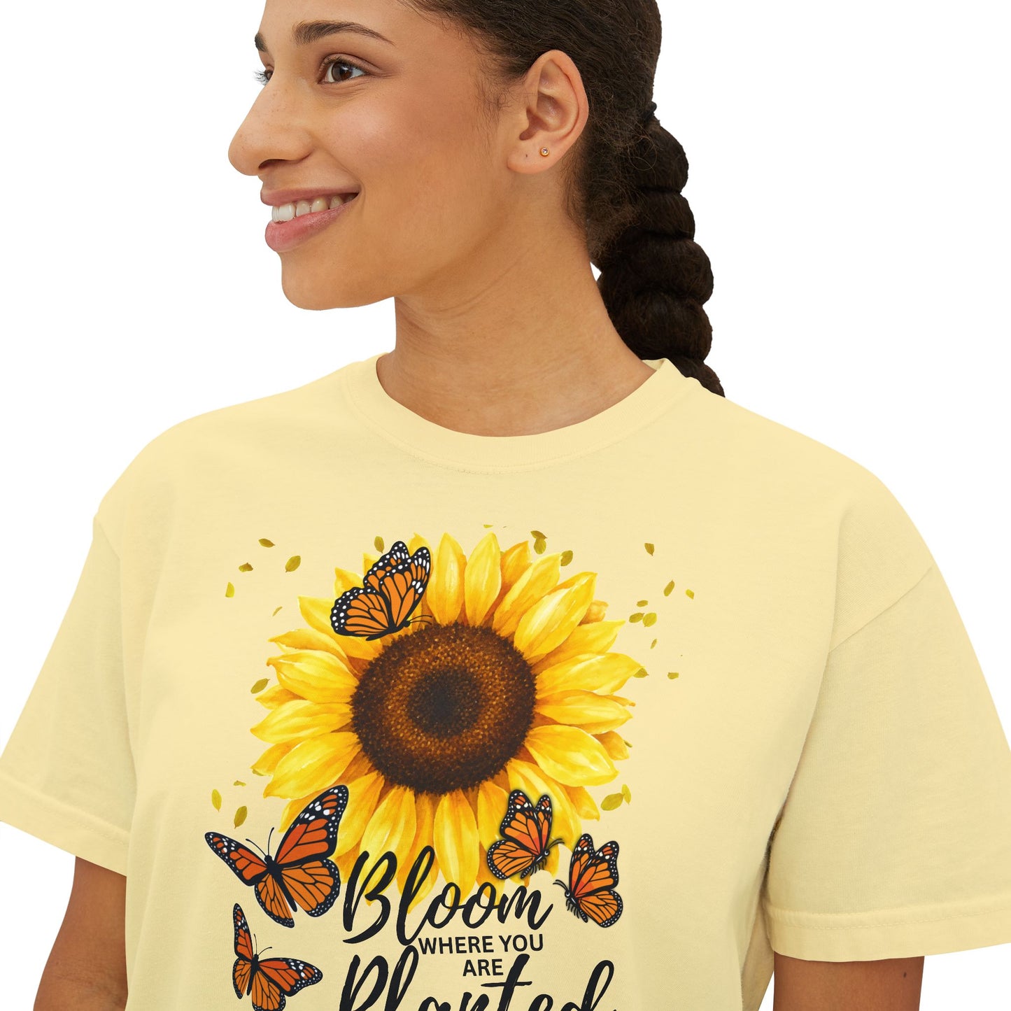 Bloom Where You’re Planted Sunflower T-Shirt, Floral Butterfly Graphic Tee - 14922