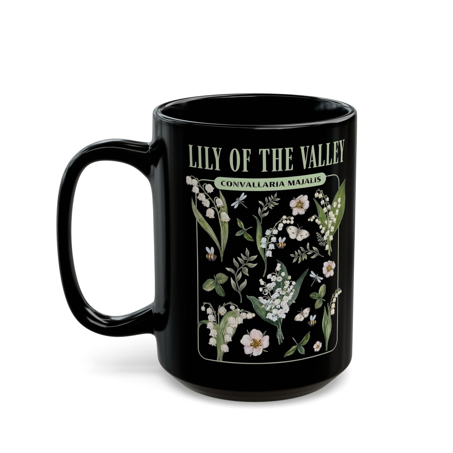 May Birth Flower Mug – Lily of the Valley Black Ceramic Coffee Cup (11oz, 15oz) - 11887