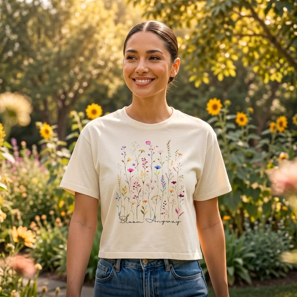 Bloom Anyway Wildflower Boxy Tee, Women’s Watercolor Floral T-Shirt - 14959