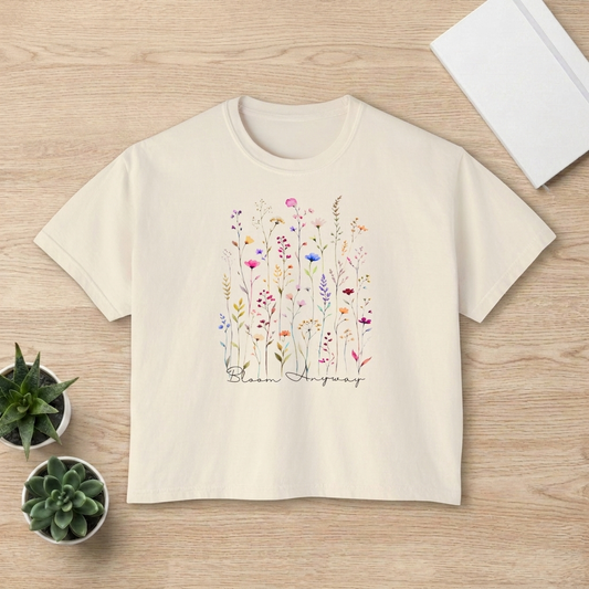 Bloom Anyway Wildflower Boxy Tee, Women’s Watercolor Floral T-Shirt - 14959