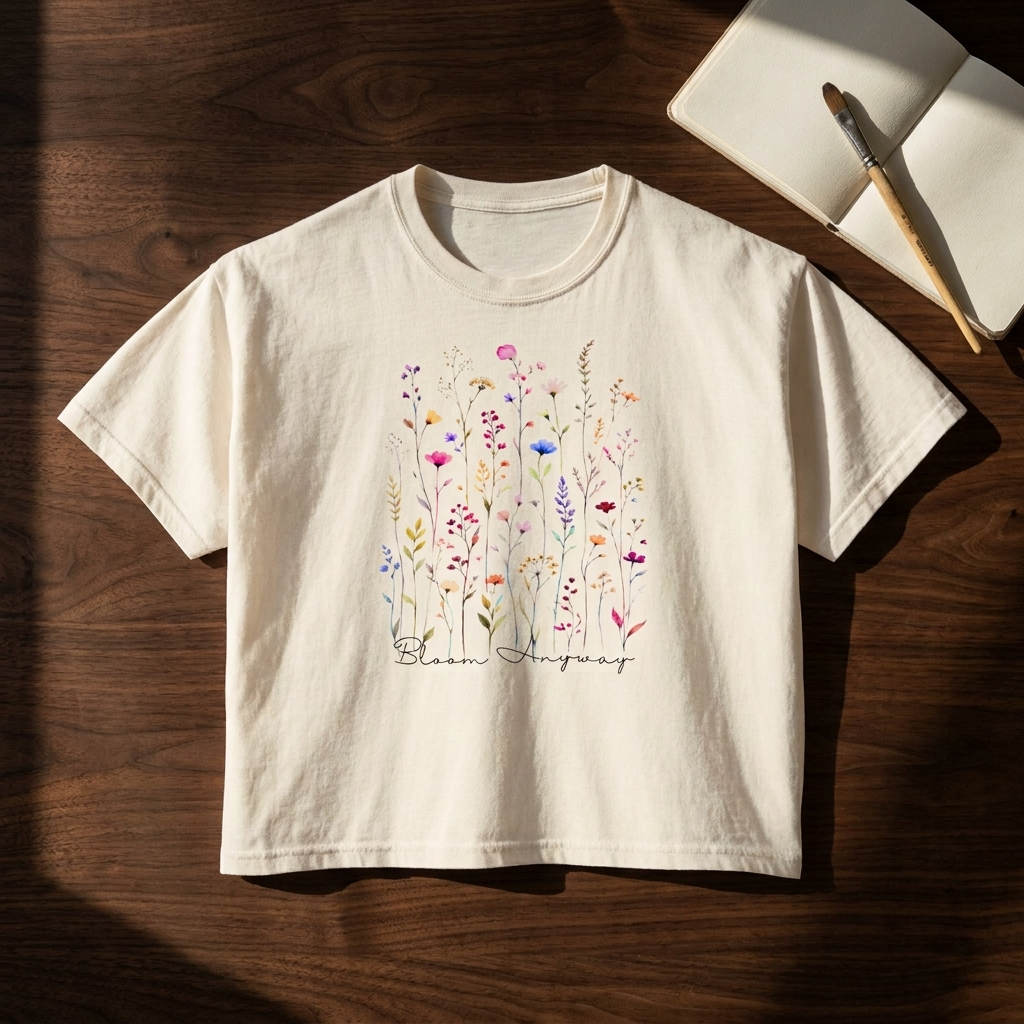 Bloom Anyway Wildflower Boxy Tee, Women’s Watercolor Floral T-Shirt - 14959