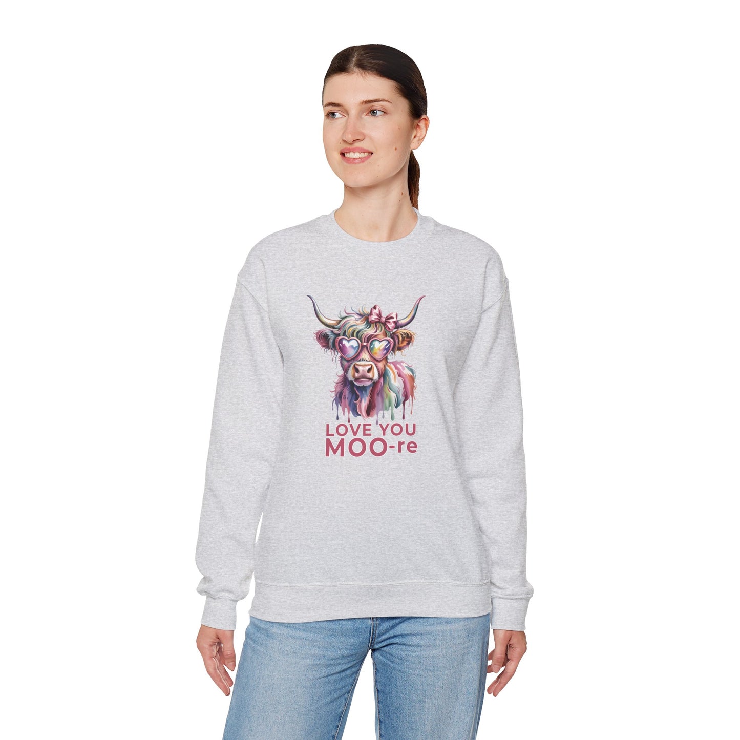 Love You Moo-re Highland Cow Sweatshirt – Cute Valentine’s Day Crewneck Pullover, Funny Romantic Gift for Her or Him - 14786