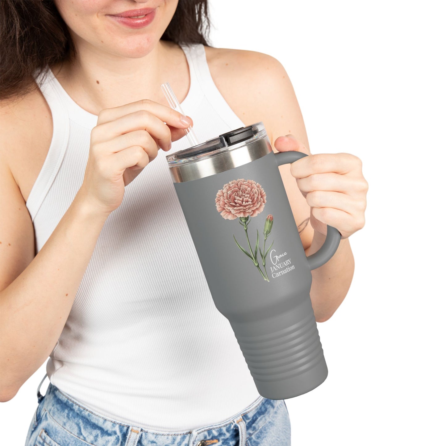 Carnation Floral Tumbler (Expressive) – January Birth Flower Gift | 40oz Insulated Travel Mug, Customizable — 14691