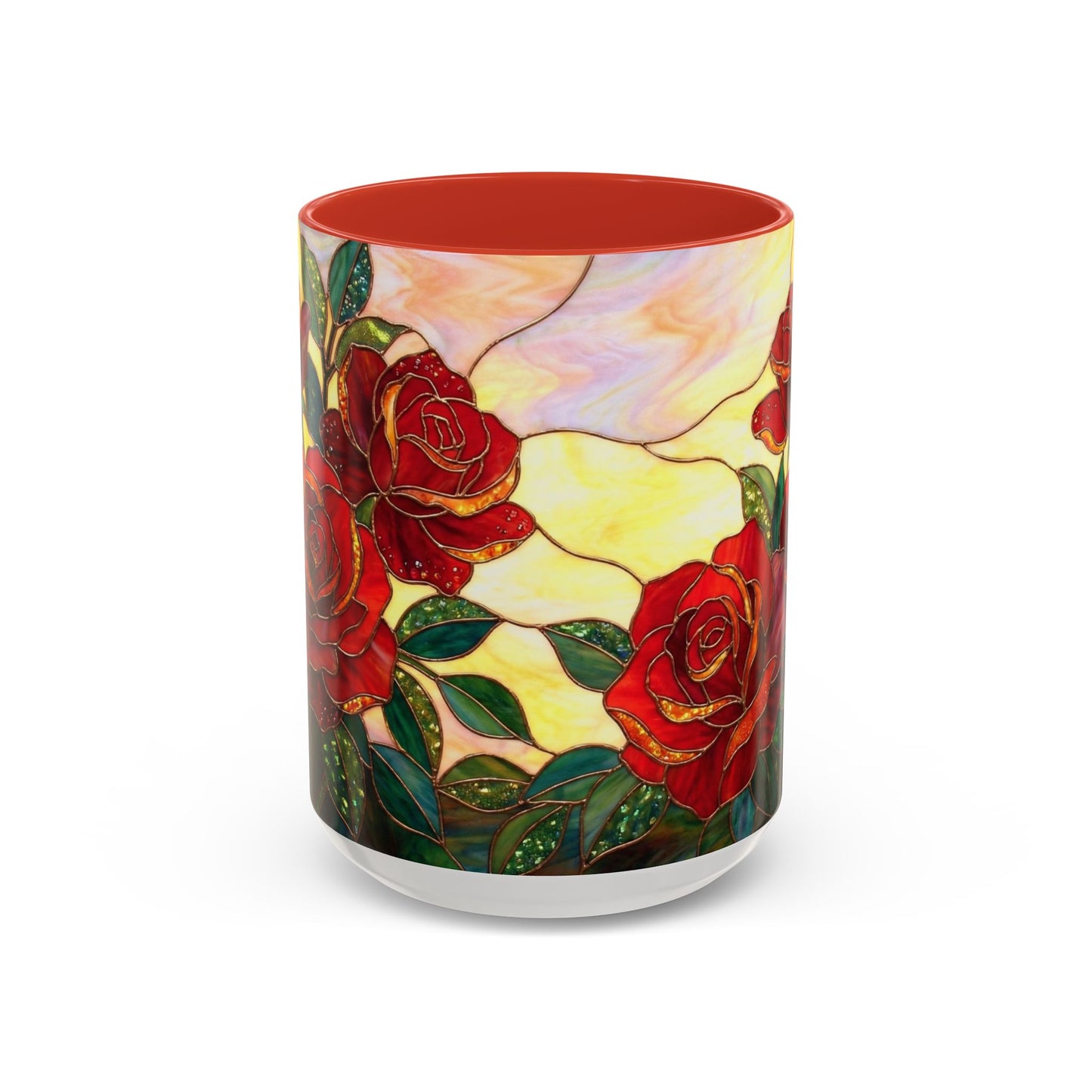 Rose Stained Glass Accent Coffee Mug – Red Roses Floral 11/15oz - 14539