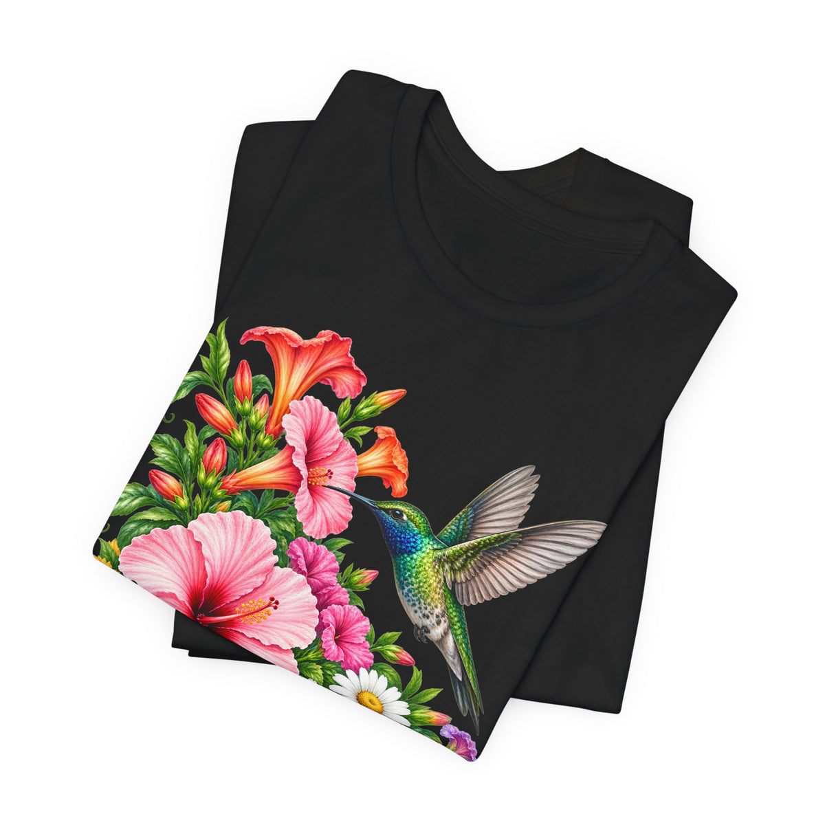 Hummingbird & Hibiscus T-Shirt, Colorful Tropical Floral Garden Tee - 14542